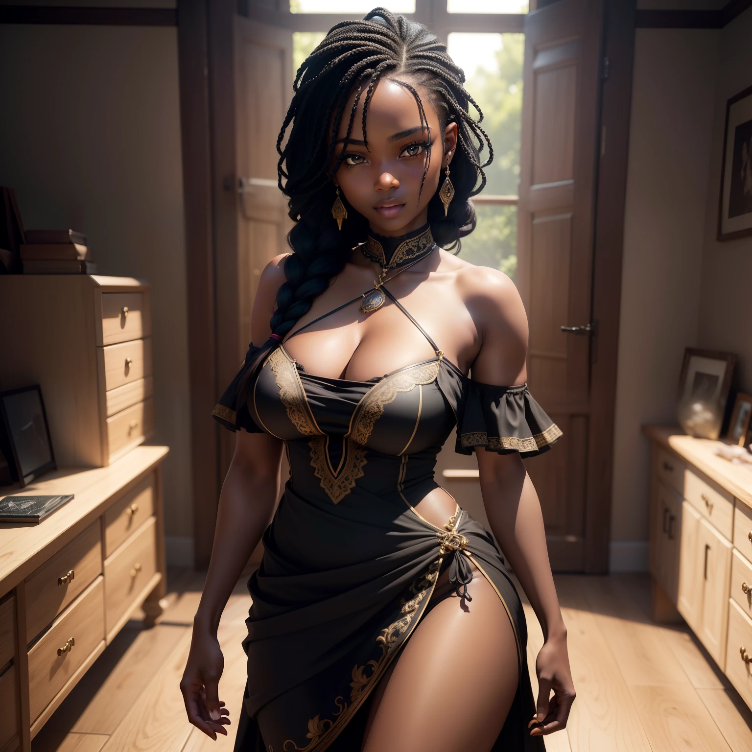 ((dark skin, ebony)), ((excited cute face)), ((cute pose)), ((seductive )), sexy, ((medium breast)), ((highly detailed,One Shoulder Drawstring High Cut Dress)), ((long braided hair)), ((standing)), ((indoors, hyper detailed room)), sharp focus cgi, photorealistic, high detail, realistic, masterpiece, absurdres, best quality, HDR, high quality, high-definition, extremely detailed, 8k wallpaper, intricate details, 8K uhd, Full-HD, (realistic photo:1.2), contrast, harsh lighting, cinematic lighting, natural lighting, hard light, backlighting, global illumination, ambient occlusion