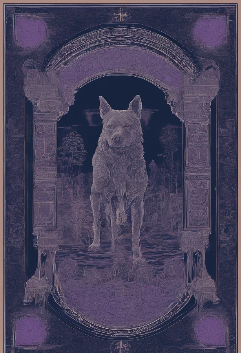 the dog is in bluein this paper cut illustration, in the style of eastern-inspired motifs, lith printing, eye-catching tags, precisionist lines, light purple and cblue, clean and sharp inking, terracotta medallions