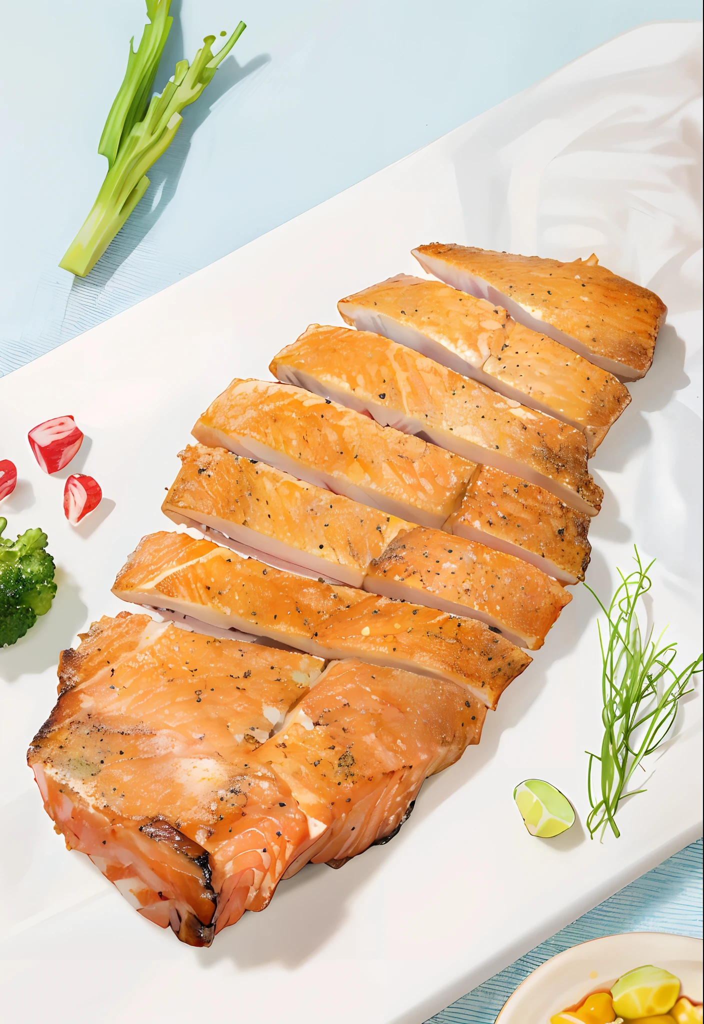 There is a large piece of meat on the plate,It has broccoli on top, salmon khoshroo, salmon, Grilled chicken, Pork, bottom angles, aokan, aokamei, Chicken, glazed, lit from the side, top angle, Wang Chen, Ready to eat, full subject shown in photo, alternate angle, bixbite