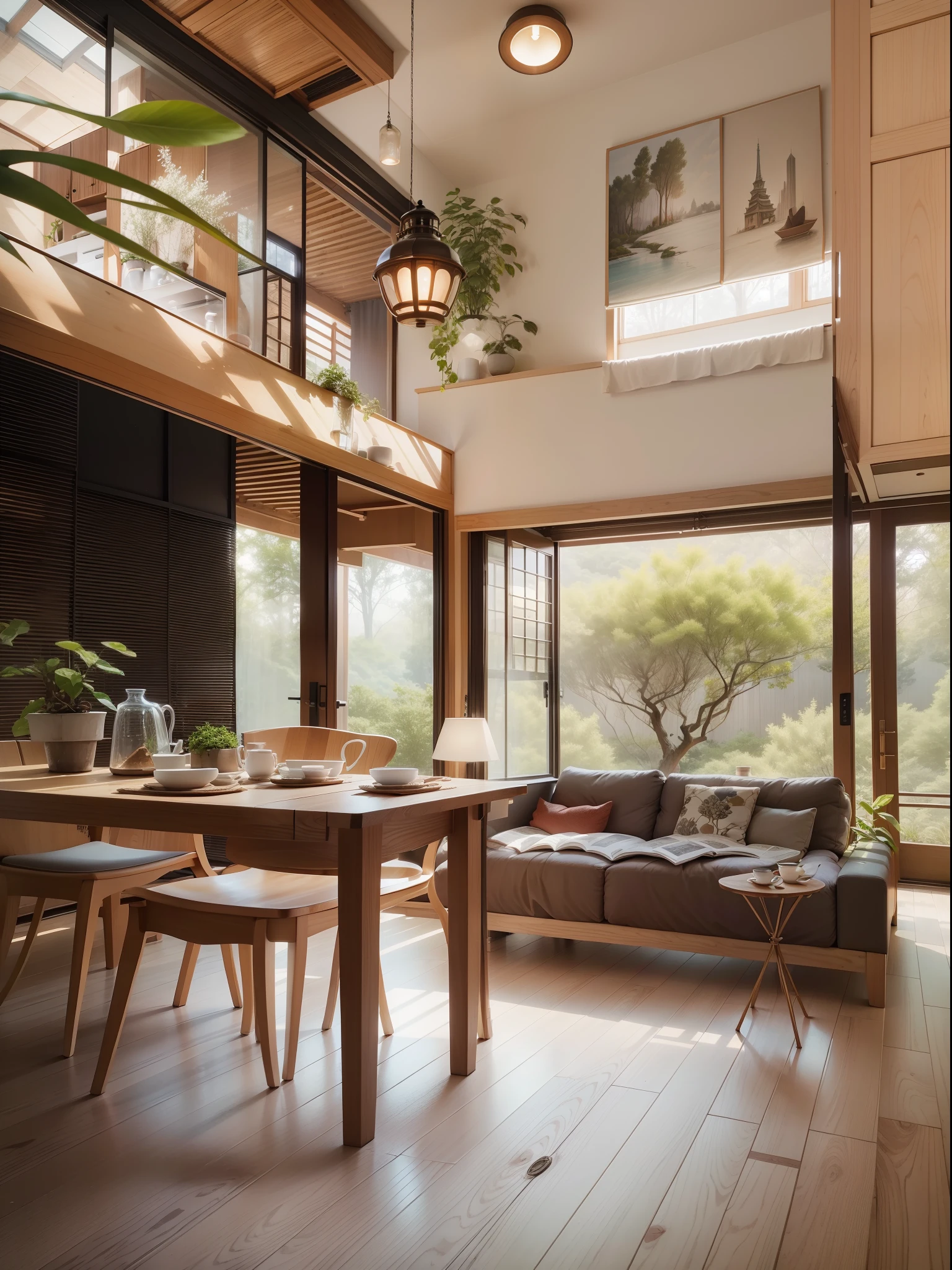 Interior design、Crazy detailed wide-angle building photos、cozy contemporary living room、(Bright warm sunshine 1:0.1)、award-winning contemporary interior design、Landscapes、DL、a chair、in a house、wooden floor、window、dining room、east asian east asian architecture、Sliding paper doors、lamp lights、buliding、the woods、naturey、Cups、A plant、Interior design、Insert lights and shadows、depth of fields、low illuminance、