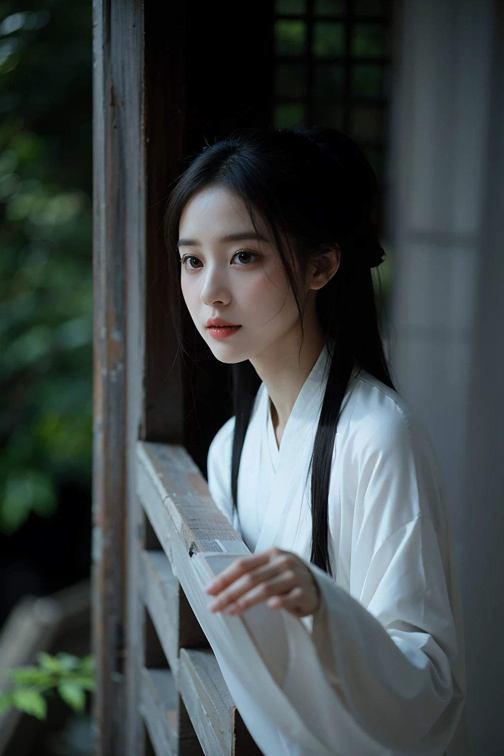 The Alavid woman in a white robe looked out the window, Palace , A girl in Hanfu, White Hanfu, Hanfu, inspired by Gu An, Wearing ancient Chinese clothes, with acient chinese clothes, Chinese girl, Inspired by Tang Yifen, inspired by Zhu Derun, Traditional beauty, Inspired by Qiu Ying, inspired by Zhang Yan