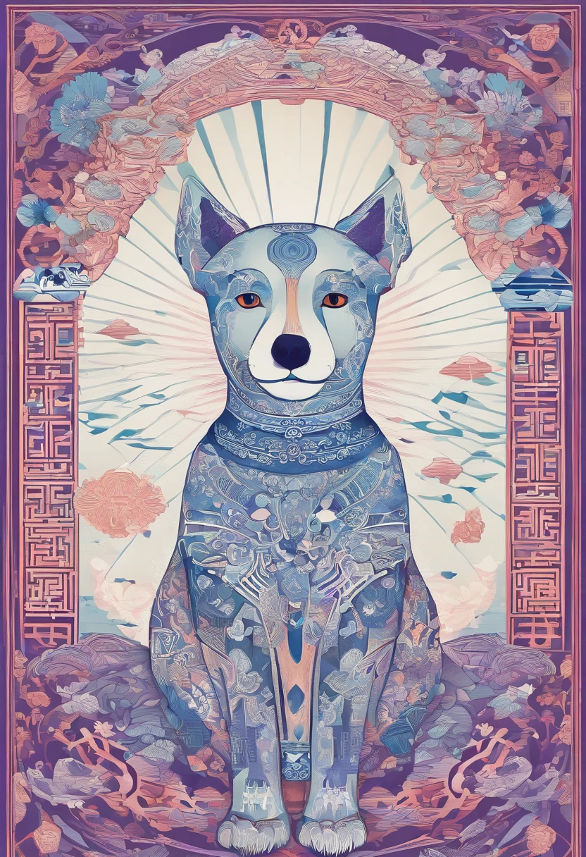 the dog is in bluein this paper cut illustration, in the style of eastern-inspired motifs, lith printing, eye-catching tags, precisionist lines, light purple and cblue, clean and sharp inking, terracotta medallions