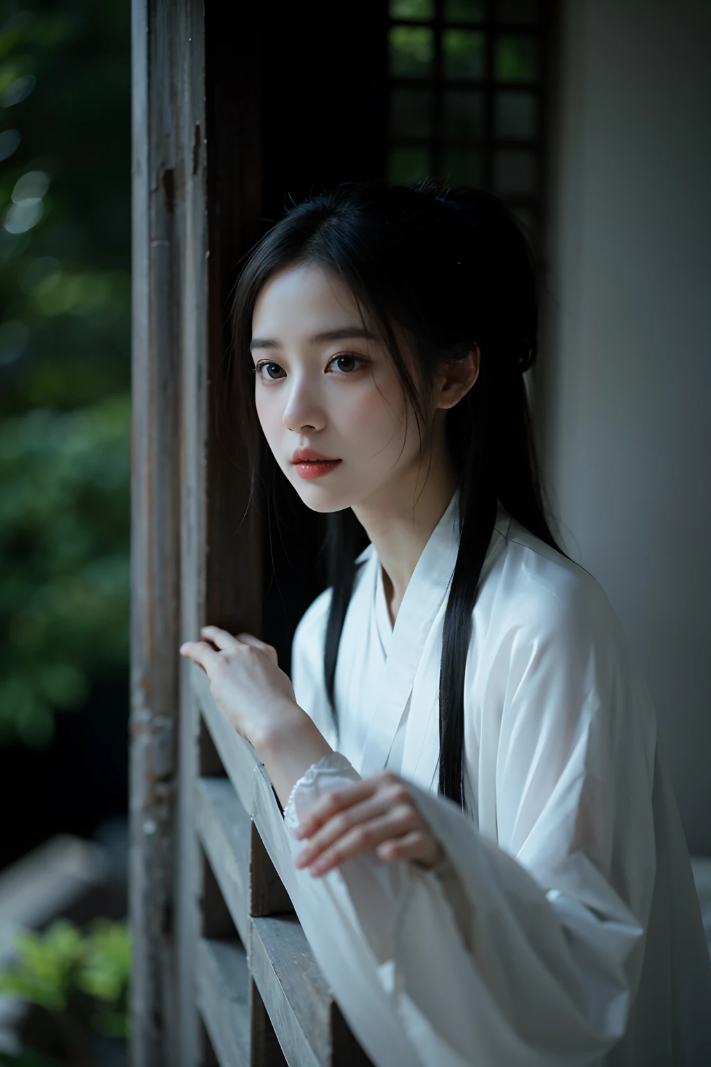 The Alavid woman in a white robe looked out the window, Palace ， A girl in Hanfu, White Hanfu, Hanfu, inspired by Gu An, Wearing ancient Chinese clothes, with acient chinese clothes, Chinese girl, Inspired by Tang Yifen, inspired by Zhu Derun, Traditional beauty, Inspired by Qiu Ying, inspired by Zhang Yan