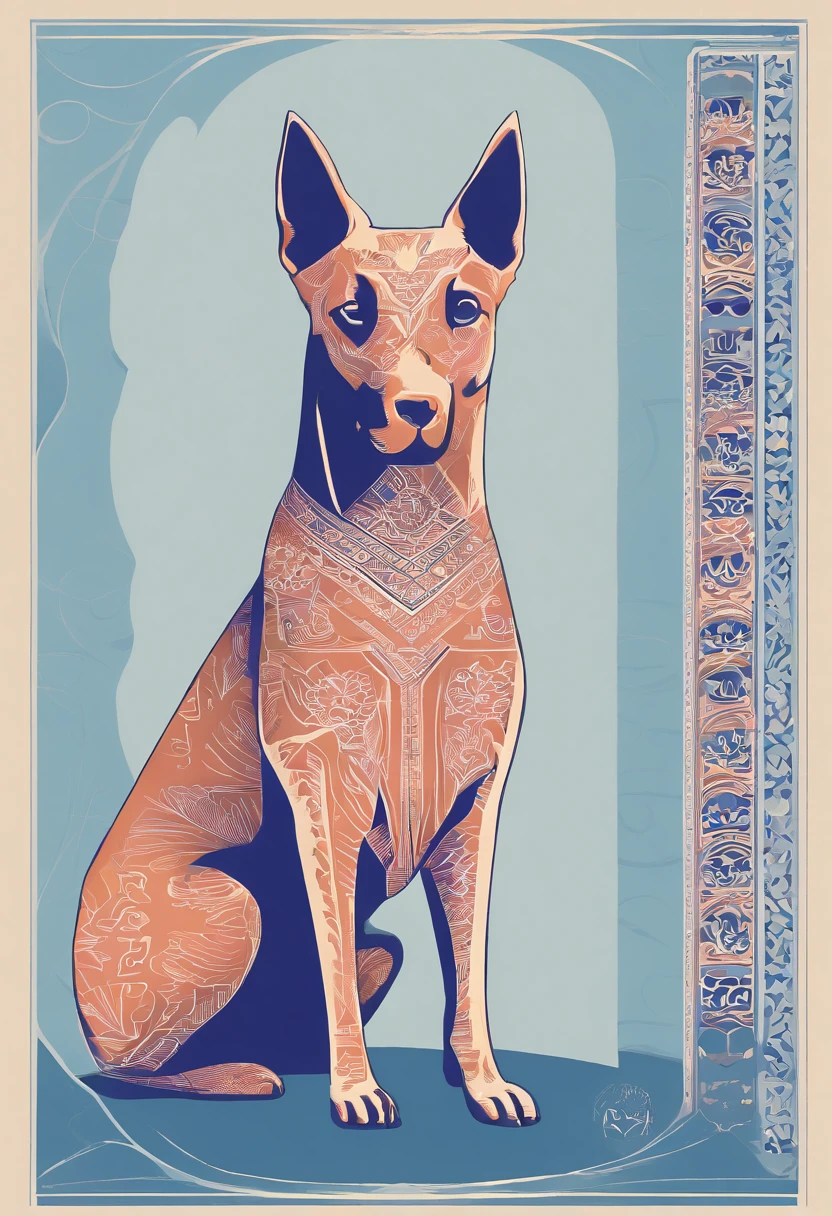 the dog is in bluein this paper cut illustration, in the style of eastern-inspired motifs, lith printing, eye-catching tags, precisionist lines, light purple and cblue, clean and sharp inking, terracotta medallions