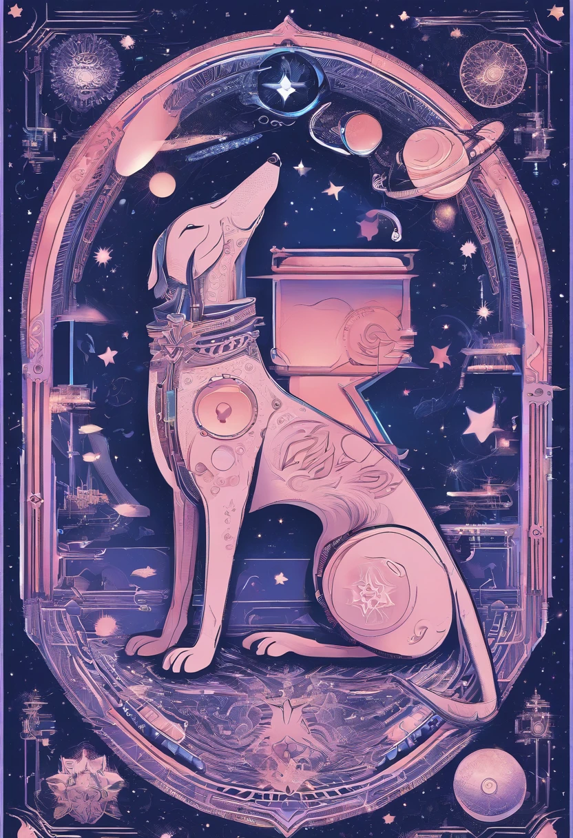 the dog is in bluein this paper cut illustration, in the style of eastern-inspired motifs, lith printing, eye-catching tags, precisionist lines, light purple and cblue, clean and sharp inking, terracotta medallions