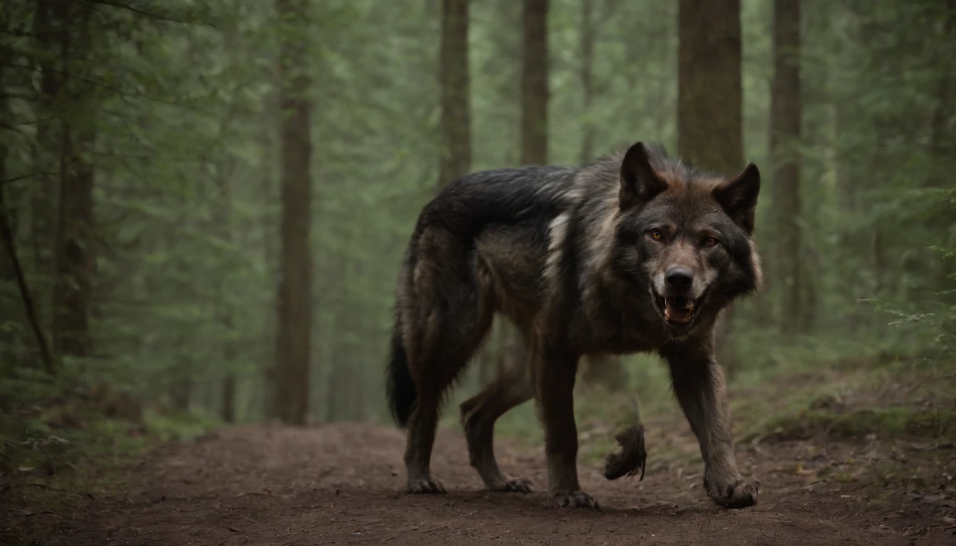 werewolf,erect through,at night,In the woods,8K,((tmasterpiece)),hdr,highly detailed,professinal