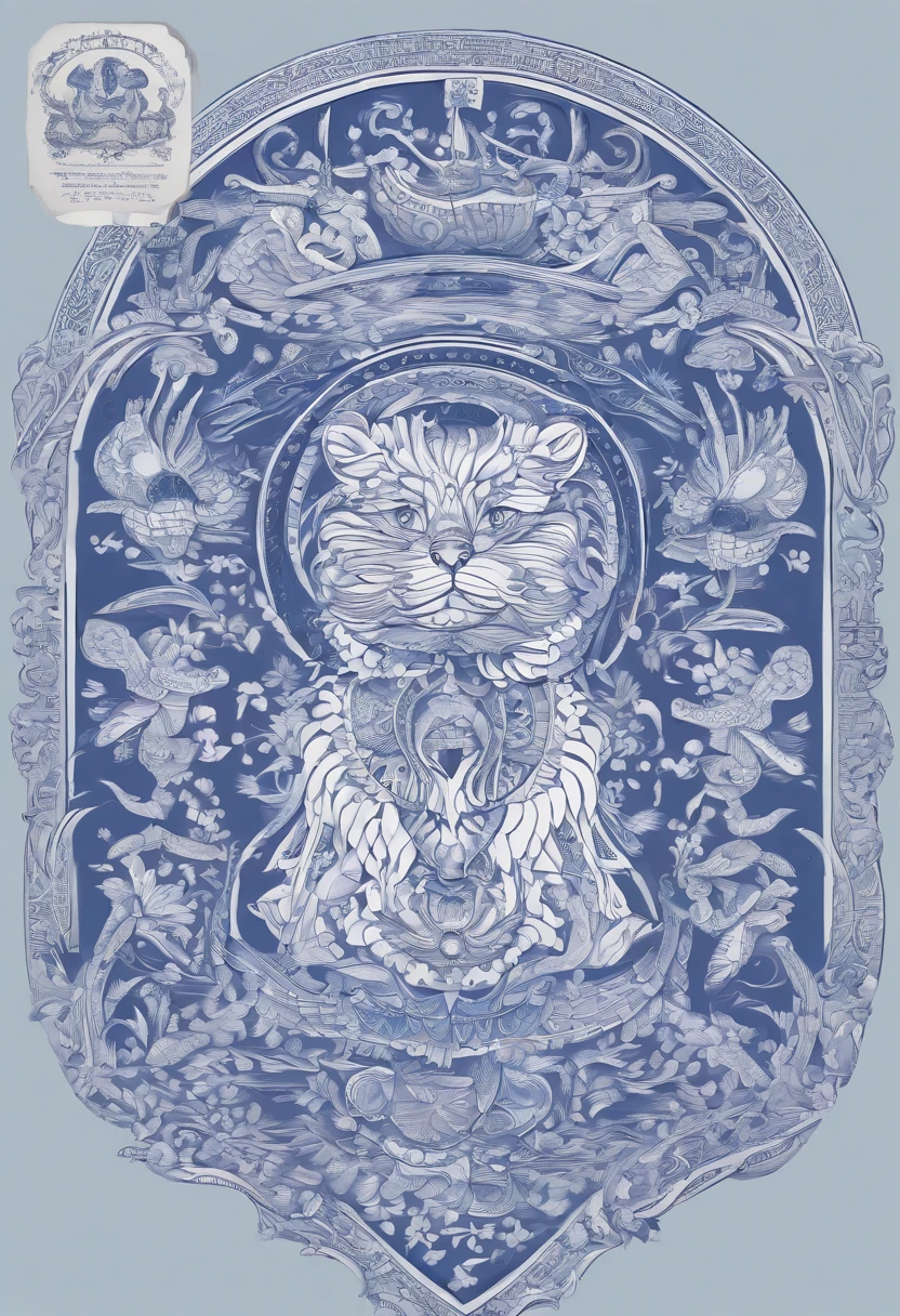 the dog is in bluein this paper cut illustration, in the style of eastern-inspired motifs, lith printing, eye-catching tags, precisionist lines, light purple and cblue, clean and sharp inking, terracotta medallions
