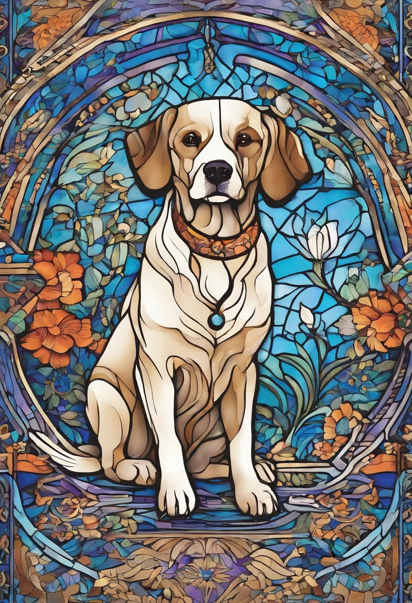 the dog is in bluein this paper cut illustration, in the style of eastern-inspired motifs, lith printing, eye-catching tags, precisionist lines, light purple and cblue, clean and sharp inking, terracotta medallions