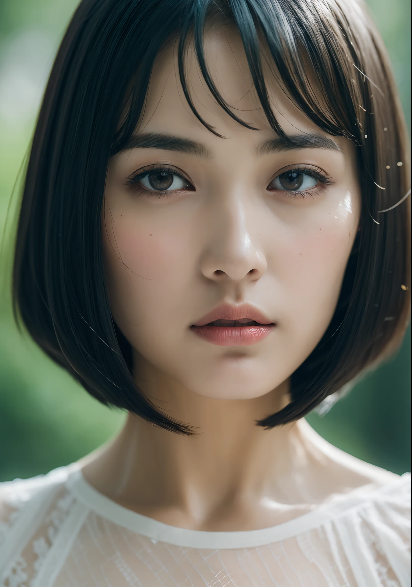 ((top quality, 8k, masterpiece: 1.3)), women (full body portrait, wearing white lace and ruffled wedding dress, hanging a lace-trimmed veil on their heads, holding a small bouquet, back figure, looking back, small ass), outdoors, outside the chapel, background dots of out-of-focus, overhead camera, sharp focus: 1.2, cute woman: 1.4, ((black hair, bob cut)), very detailed face and skin and hair texture, wet texture hair, wet body, detailed eyes, double eyelids, white skin, beautiful legs, beautiful delicate nose, cute young Japan woman, 28 years old, at a dynamic angle, featuring calm tones and contrasting mixes of light and shadow, while exuding melancholy emotions, while emphasizing the subject's hair, eyes, mouth, action, The composition is pleasing to the eye and thought-provoking.