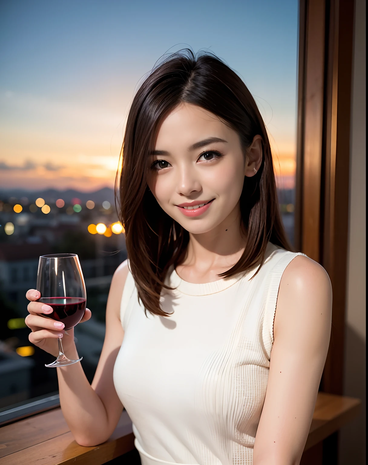 (64K, UHD, top quality, masterpiece: 1.2), (realistic, photorealistic: 1.37), super detailed, pretty woman 1 person, (slim face), (slim body), (brown hair), (short cut), cheeks slightly blushing, (44 years old), 38 years old, solo, beautiful detailed urban night view outside the window, restaurant, wine glasses sit, at night, in a prominent placeNovaFrogStyle, Actress, Model, Waist Up, White Wine, Slim, Wine Glass, Super Clean Night View, Wine Glass Put in the Middle, Happy Smile, (Smile: 1.15), Beautiful Fine Eyes, Upper Body, Bust Japan Up, Night, Short, Short, Actress, Model, Waist Up, White Wine, Slim, Wine Glass, Super Clean Night View, Wine Glass Put in the Middle, Happy Smile,