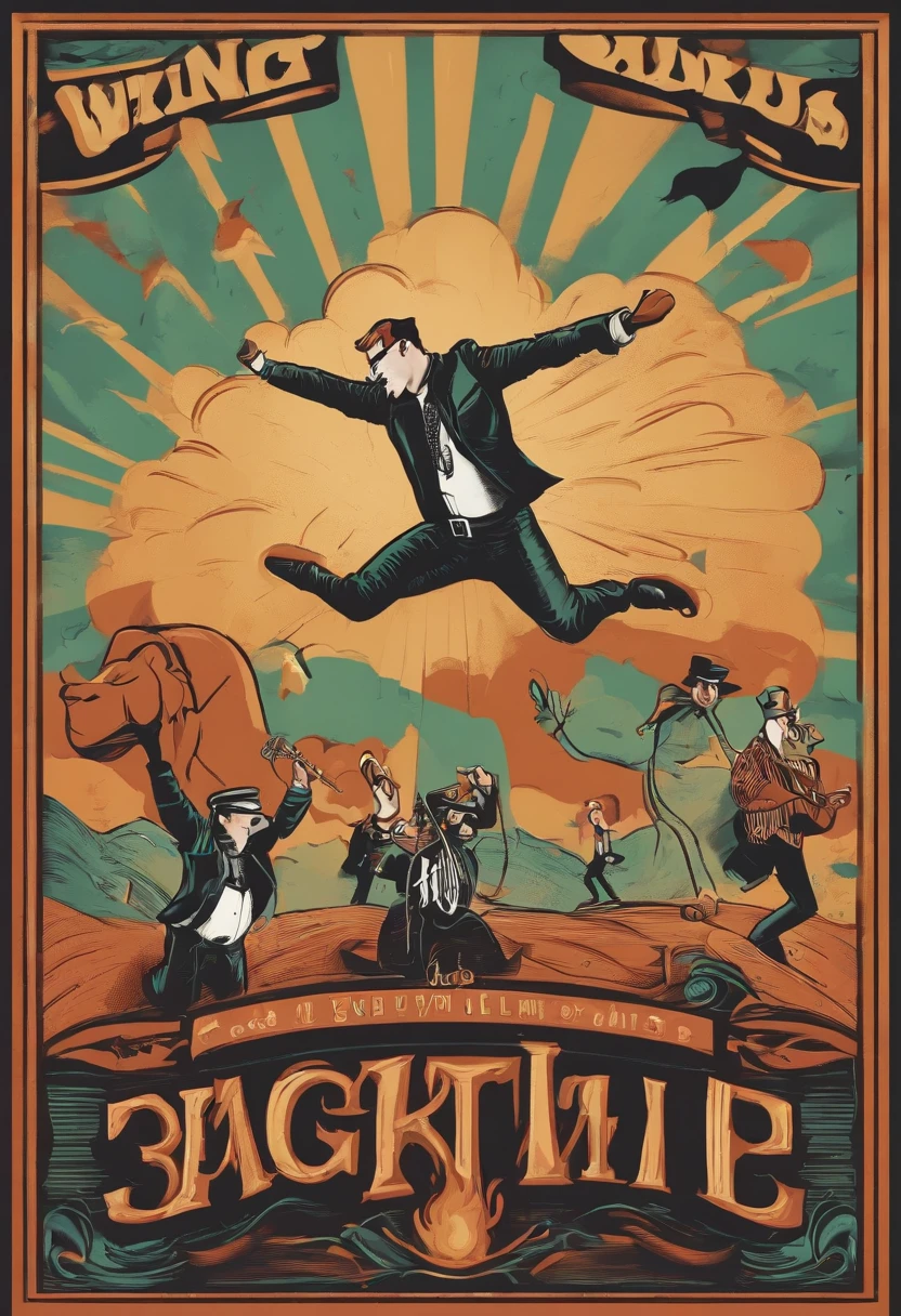 The band is three people,A drummer is on the left side of the frame,A jumping guitarist is at the front of the frame,A lead singer is on the right side of the frame,Positive perspective,Poster style for the band's summer,cartoony,