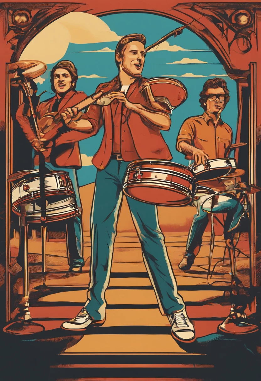 The band is three people，A drummer is on the left side of the frame，A jumping guitarist is at the front of the frame，A lead singer is on the right side of the frame，Positive perspective，Poster style for the band's summer，cartoony，