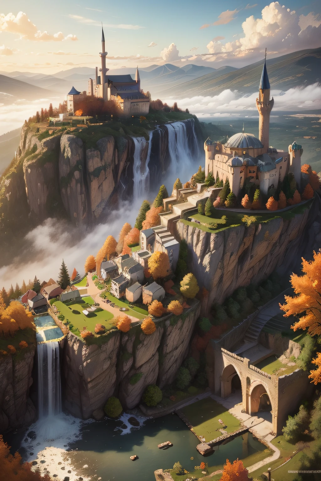 waterfall, castle ruins, mountains, forest, sky, clouds, ruins, village, Damascus, Turkish mosque, nostalgic, autumn, Alois Arnegger Antoine Blanchard, town, castle, mountain city, fog, snowing, lake, river, istanbul