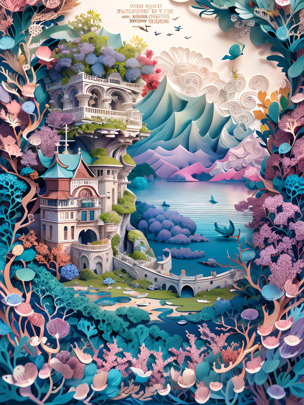(((Masterpiece))),Best quality, illustration, best quality exquisite details,3D rendering of,rendering by octane, Paper_cut. Next to the pumice island in Baie Bay, And see ancient palaces and towers in your sleep, crosses,Trembling in a day when the waves are more intense, All covered with azure moss and flowers. The vines are overgrown with grapes,Ode to the West Wind Percy Bish Shelley