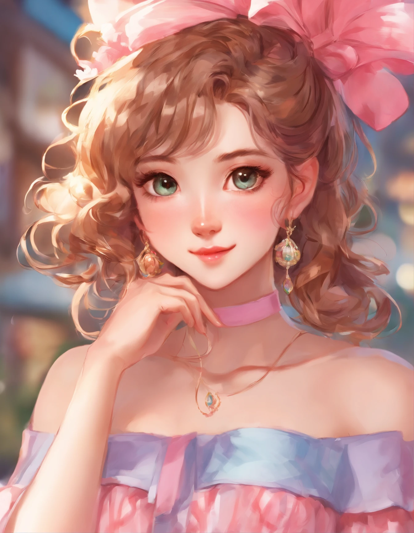 a closeup of a Caucasian woman in a pink striped dress posing for a photo, woman has very pretty eyes, wavy brown hair, she is wearing earrings, digital art from a digital painting, elegant and elegant, strapless dress, Art in the style of Guweiz, Loli de dressed, wearing an elegant dress, shy and demure, soft digital painting, in Bowater art style, detailed dress and face, Artgerm. high detail ,anime