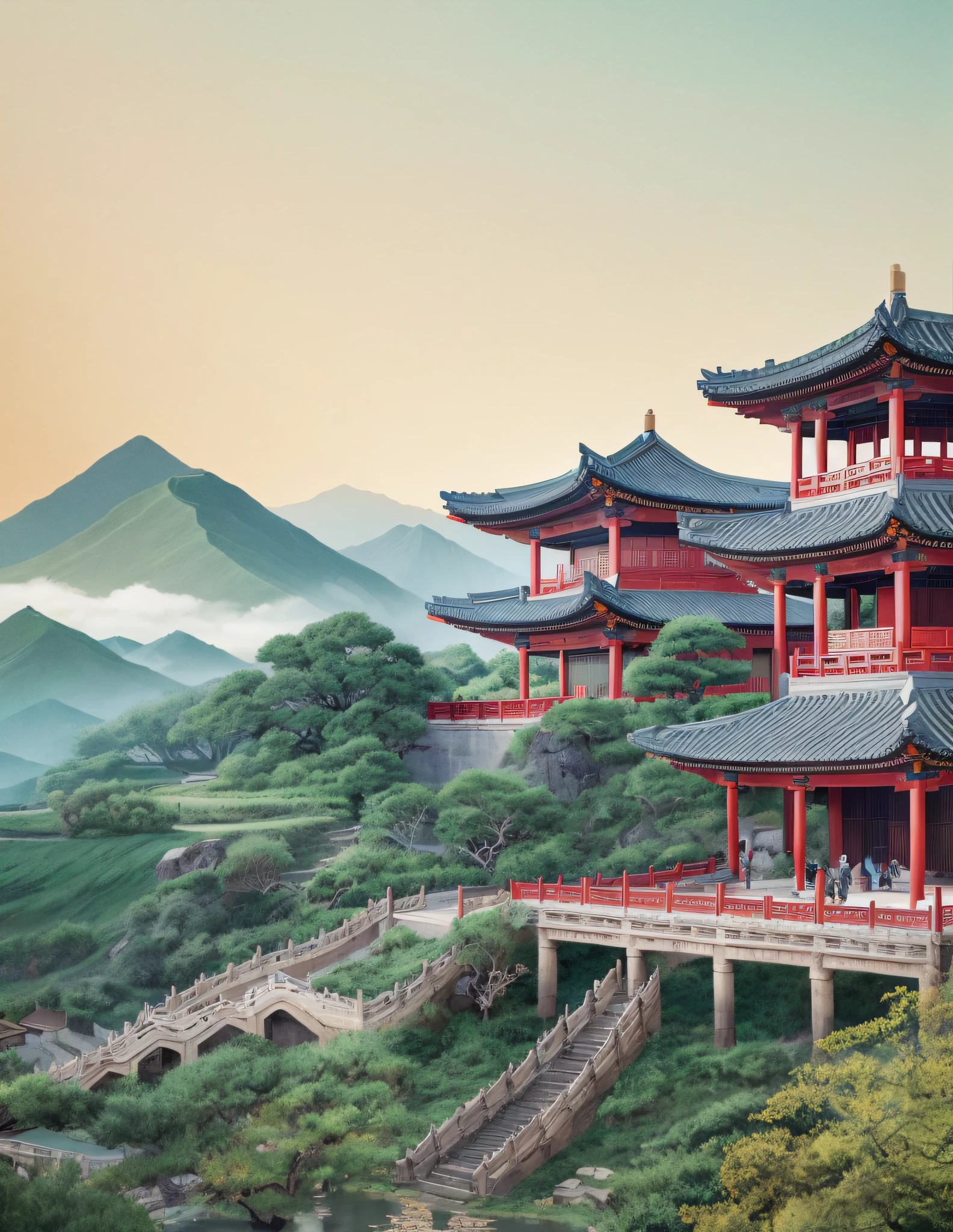 Hangzhou pagoda with ancient Chinese aesthetics，It is surrounded by ancient buildings and temples in the Chinese style，Composed of trees and landscapes，Panoramic view and soft light。Chinese landscape,chinese watercolor style,(Beautiful rendering of the Tang Dynasty+Beautiful detailed background：1.3)，Floating palace,(Pageant rendering+3D rendering style：0.8)，3D stylized scenes,(Beautiful landscape rendering+Chinese painting style：0.9)，Stylized digital illustration,Camera effects。