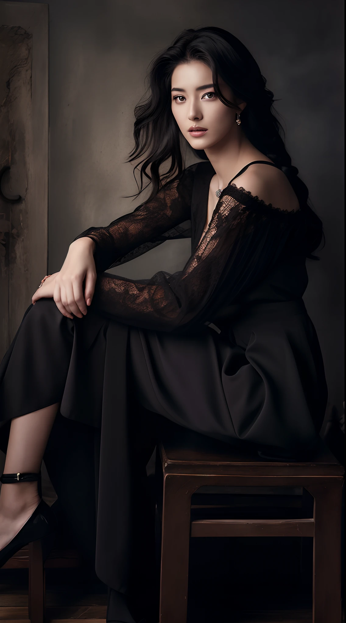 Arad woman sitting in chair in black dress, elegant portrait, portrait shooting, an elegant woman in black dress, classic portrait, editorial portrait, fashion portrait photo, editorial fashion photography, fashion photography portrait, high - end fashion photoshoot, Dressed in black lace, stunning elegant pose, Woman in black robes, Woman with black hair, fine art fashion photography