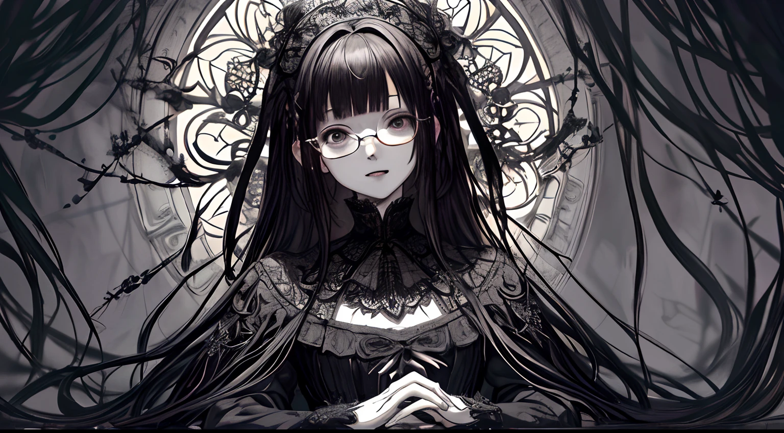 ahegao ( Silly / sexual ecstasy),Cross-eyed、Stranger、looking at others、Blunt bangs、Sitting,hand between legs,maid, Glasses, over-kneehighs,ahegao , Silly,sexual ecstasy,Drunken eyes,Blunt bangs, Black hair,(masutepiece:1.2, Best quality), (finely detailed beautiful eye: 1.2), (Detailed background,Dark fantasy), (beautifull detailed face), High contrast, (Best illumination, Extremely Delicately Beautiful), ((Cinematic light)), Colorful, Hyper-detailing, Dramaticlight, Intricate details,