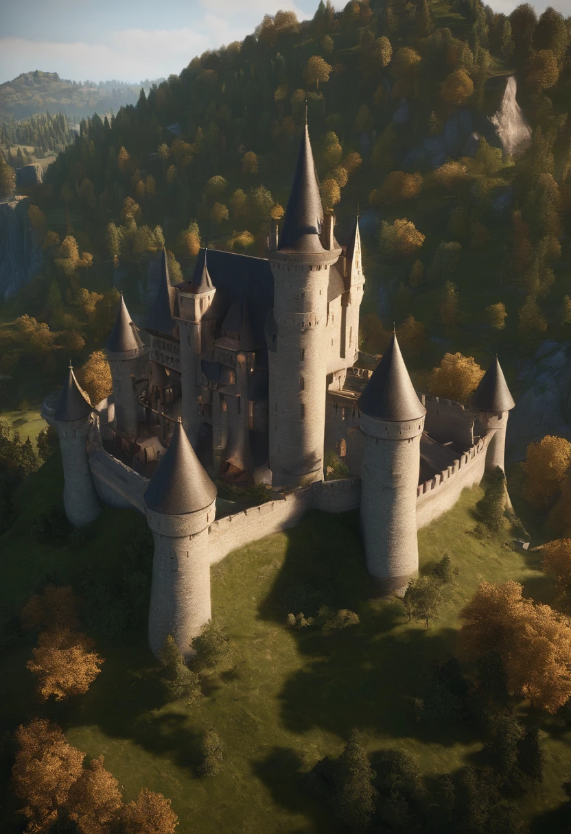 Medieval castles and territories,There are houses and trees on the territory,western-styled building,Houses on both sides,The castle is on the north side,illusory engine, intricately details. illusory engine, very detailed unreal engine,oc rendered,Hyper-realistic,8K,Works of masters,super-fine,Detailed pubic hair,