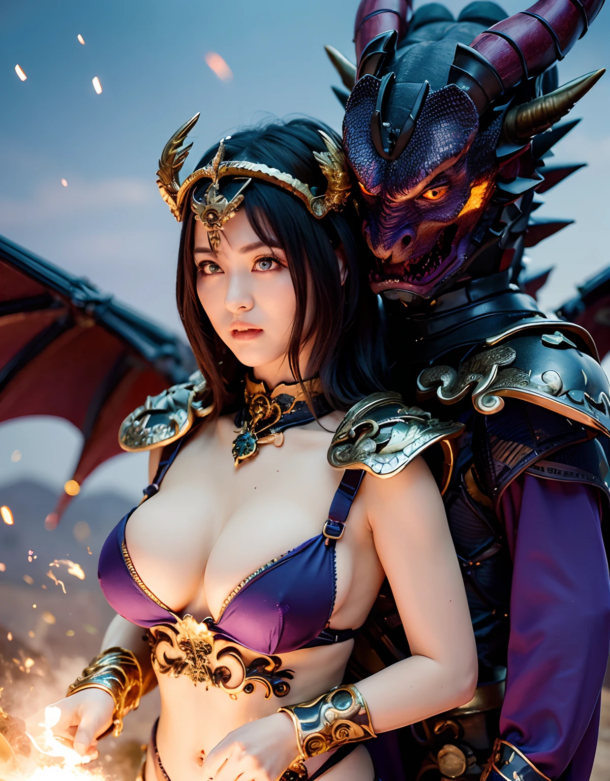 Professional , ​masterpiece、top-quality、photos realistic , depth of fields 、（Dragon Blue Metal Body:1.９),(Enamel purple black、（cleavage of the breast）、Mystical expression、Dragon Gold Weapon、（Red Micro Bikini Armor:1.４),Gorgeous gold weapons ,Particles of light、（（ Dragon's dense and gorgeous sword）） , （demonic wings）、（（a blond））、（Castle background）、（（Gangle's forest background））、（（Fight dragons））、Beautiful Caucasian beauty、１a person、dynamic ungle,(((Detailed and ornate dragon helmet)))、Smaller head、A smile、Castle background、Thin and beautiful female hands、cleavage of the breast、Soldier in iron armor on background、Mystical expression、Light Effects、intense fighting、Wind-effect、magic circles、With the legendary magic wand、Dragon's tail、explosions、Anatomically correct body、