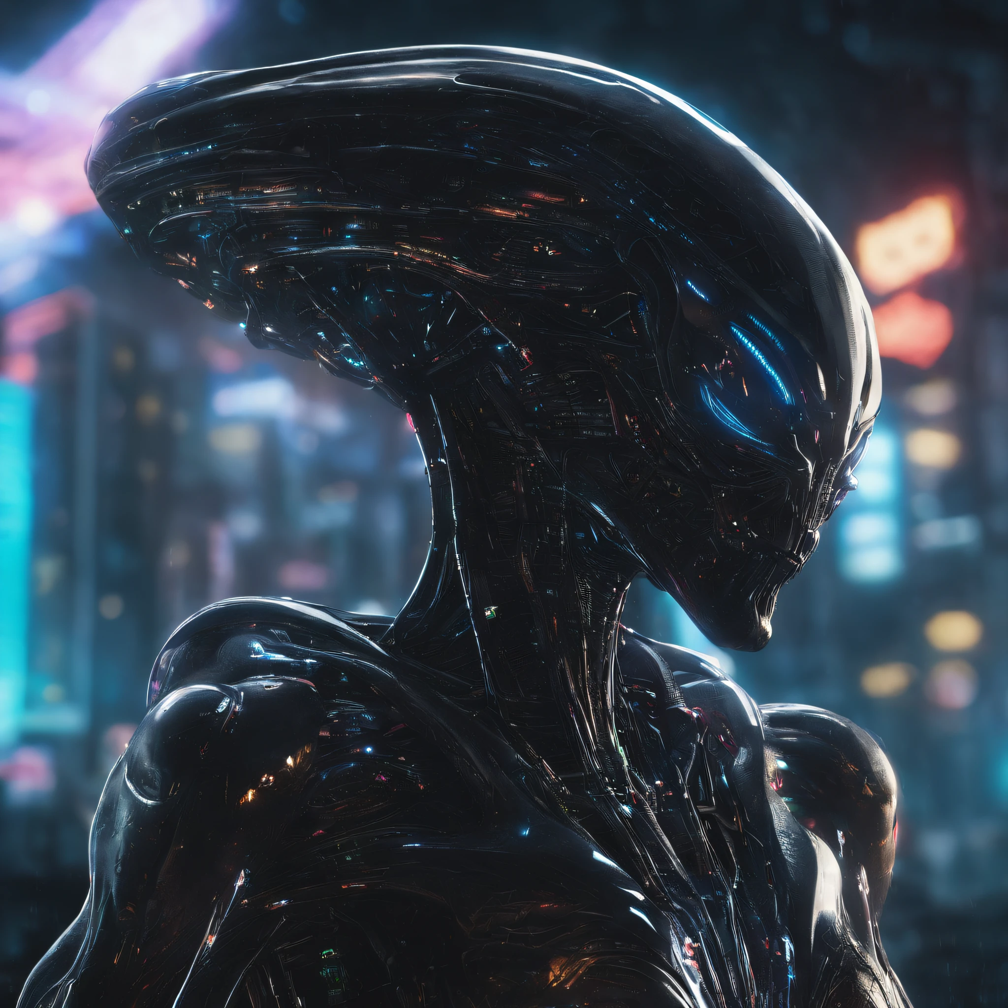 An alien,Solo,full bodyesbian,Humanoid,dynamicposes,It has refined features in a sci-fi environment,with light glowing, Sparks and lights, best qualtiy,tmasterpiece,Photorealsitic, Highly detailed, iintricate,unreal 5 render,