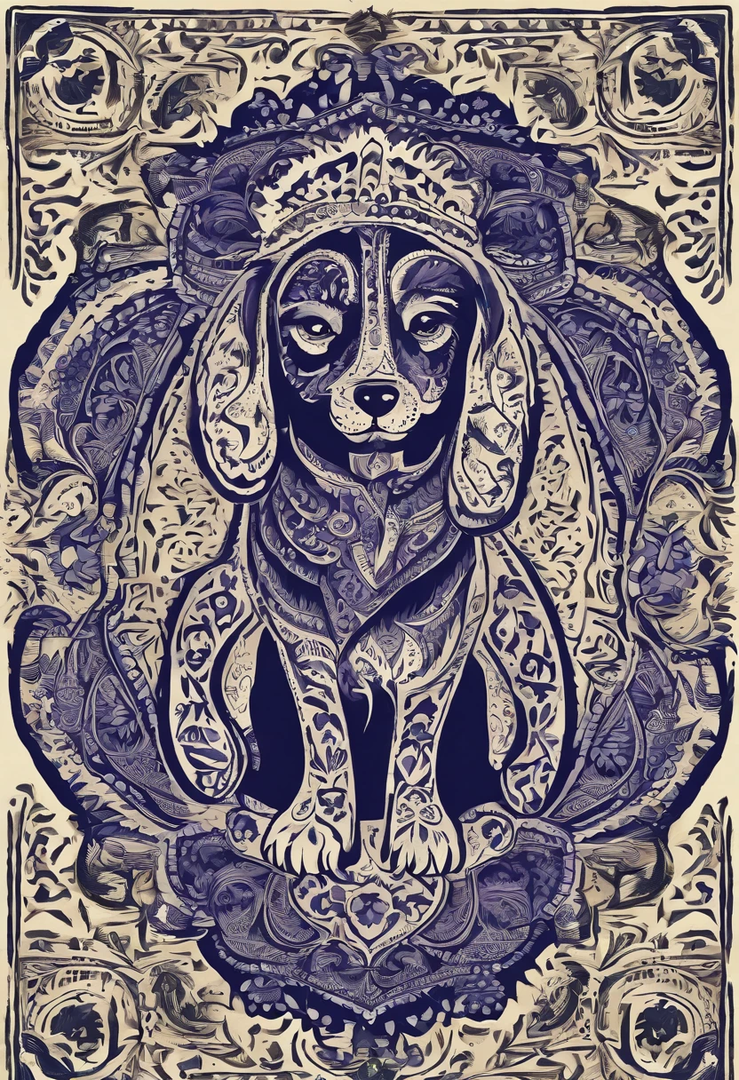 the dog is in bluein this paper cut illustration, in the style of eastern-inspired motifs, lith printing, eye-catching tags, precisionist lines, light purple and cblue, clean and sharp inking, terracotta medallions