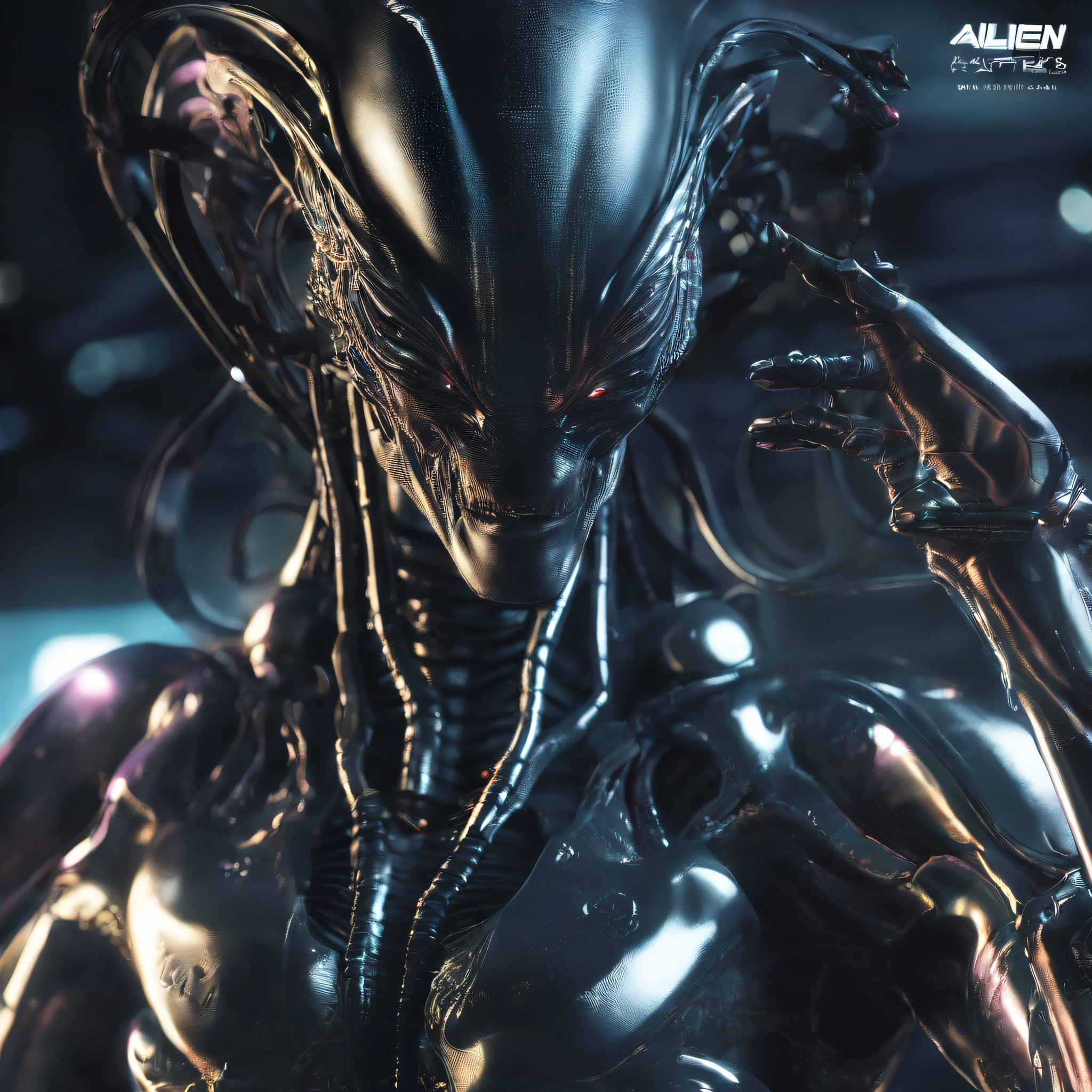 An alien,Solo,full bodyesbian,Humanoid,dynamicposes,It has refined features in a sci-fi environment,with light glowing, Sparks and lights, best qualtiy,tmasterpiece,Photorealsitic, Highly detailed, iintricate,unreal 5 render,