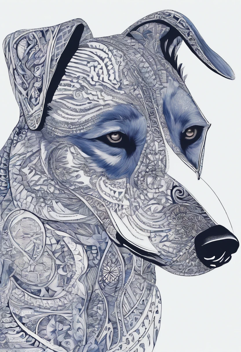 the dog is in bluein this paper cut illustration, in the style of eastern-inspired motifs, lith printing, eye-catching tags, precisionist lines, light purple and cblue, clean and sharp inking, terracotta medallions