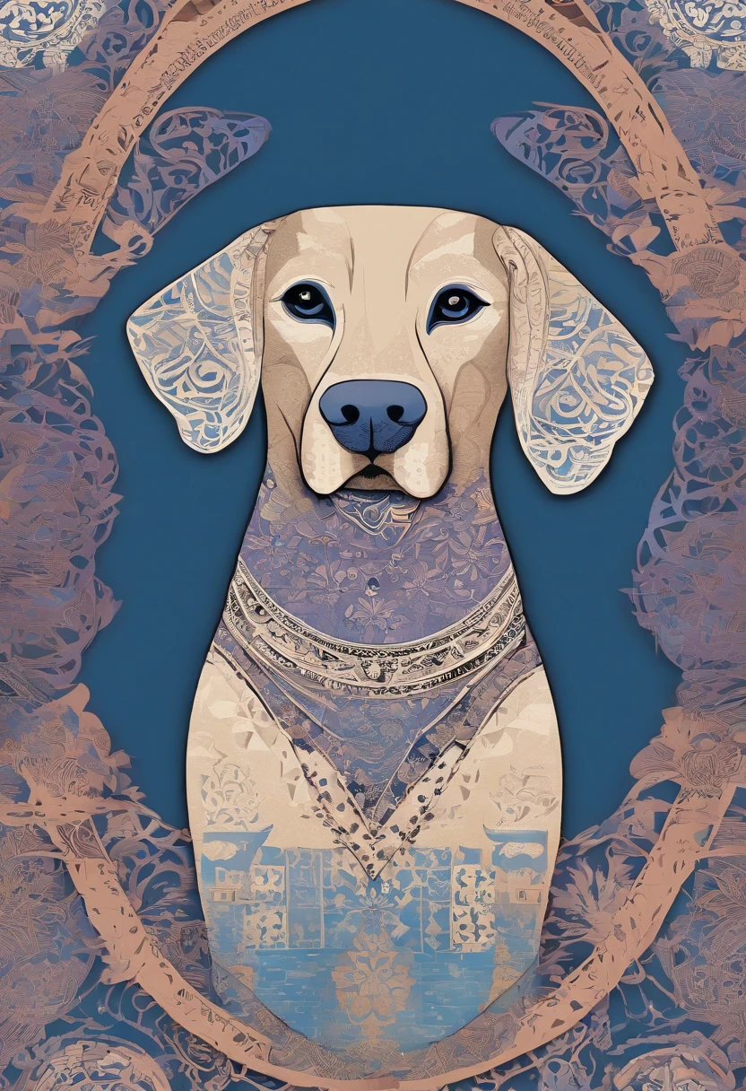 the dog is in bluein this paper cut illustration, in the style of eastern-inspired motifs, lith printing, eye-catching tags, precisionist lines, light purple and cblue, clean and sharp inking, terracotta medallions