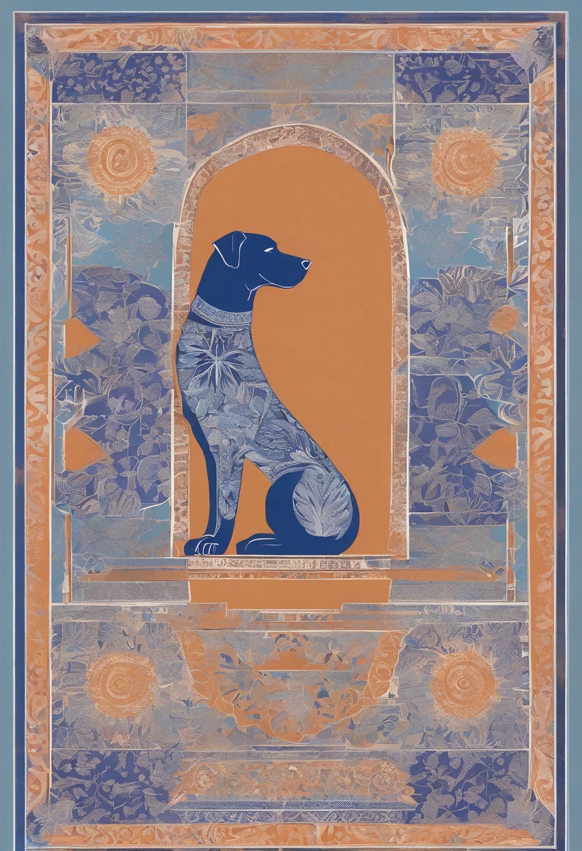 the dog is in bluein this paper cut illustration, in the style of eastern-inspired motifs, lith printing, eye-catching tags, precisionist lines, light purple and cblue, clean and sharp inking, terracotta medallions