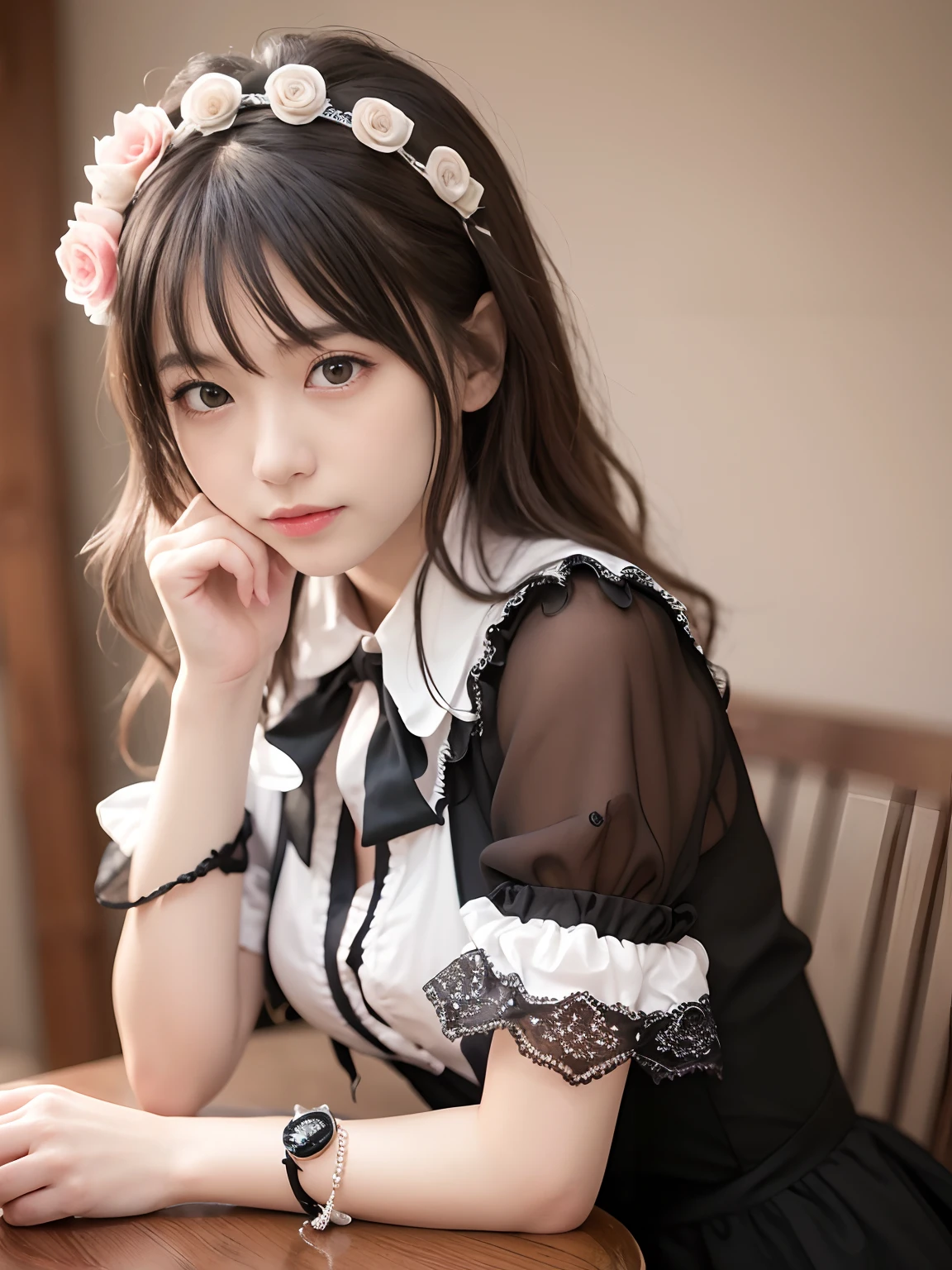 1 nogizaka girl, Extremely cute, bishojo, aers old, gothic lolihion, Delicate and delicate beautiful face、Eyes and skin, detailed black shine hair, elegant frills, frilled tie, Ribbon Ties, rose hair ornament, Smile at the camera, full bodyesbian, (European castle), Professional lighting, Break, (Realistic, photo-realistic:1.37), 8K, (Masterpiece), (Best quality:1.4), (超高分辨率:1.2), (RAW photo:1.2), (Delicate lace dress, Soft fabric, and beautiful rose patterns), Perfect anatomy, 4fingers and 1thumbs, Ultra detailed backgrounds, (Unity 8k wallpaper)