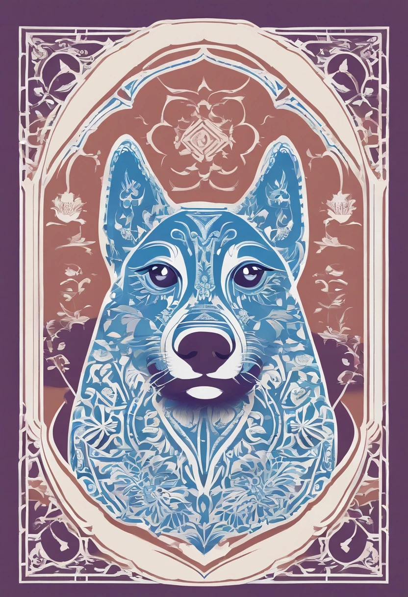 the dog is in bluein this paper cut illustration, in the style of eastern-inspired motifs, lith printing, eye-catching tags, precisionist lines, light purple and cblue, clean and sharp inking, terracotta medallions