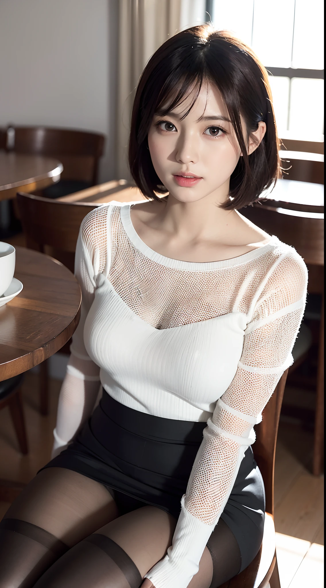 face is :9,3492120809], Naive 33-year-old wife、Wearing a knitted dress、(Wearing pantyhose,Realistic Pantyhose)、thighs thighs thighs thighs、Sitting on a chair in an open café、Height 156 cm, slightly chubby figure、Japanese Models, Short Layer Hair、japanaese girl, Neat and clean Japan woman, goddess of Japan, Innocence、Raw photo, (in 8K、top-quality、​masterpiece:1.2)、(intricate detailes:1.4)、(Photorealsitic:1.4)、octane renderings、Complex 3D rendering ultra detail, Studio Soft Light, Rim Lights, vibrant detail, super detailing, realistic skin textures, Detail Face, Beautiful detail eyes, Very detailed CG Unity 16k wallpaper, make - up, (detailedbackground:1.2),　shinny skin、Exposed thighs!!!、