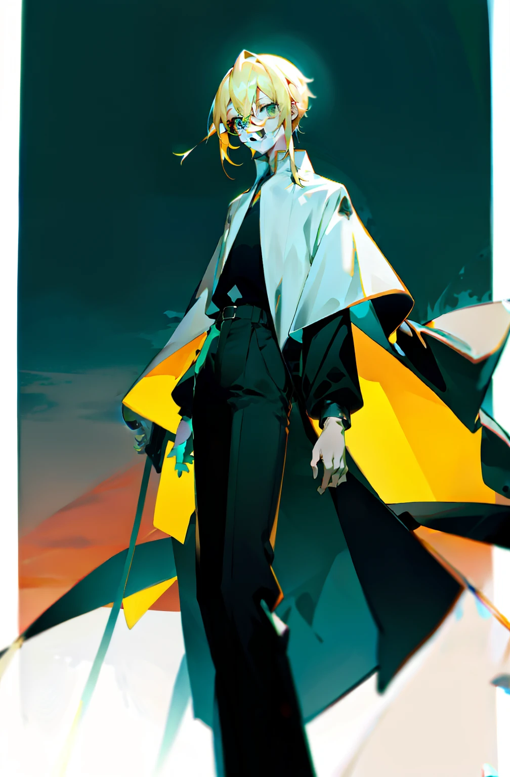 blonde with blue eyes,Sven scum,Handsome girl,Tall guy,ssmile,White color blouse,Black loose wear jacket,Wide-leg pants,The neighborhood at sunset,cabellos largos dorados,Green eyes,Green eyes