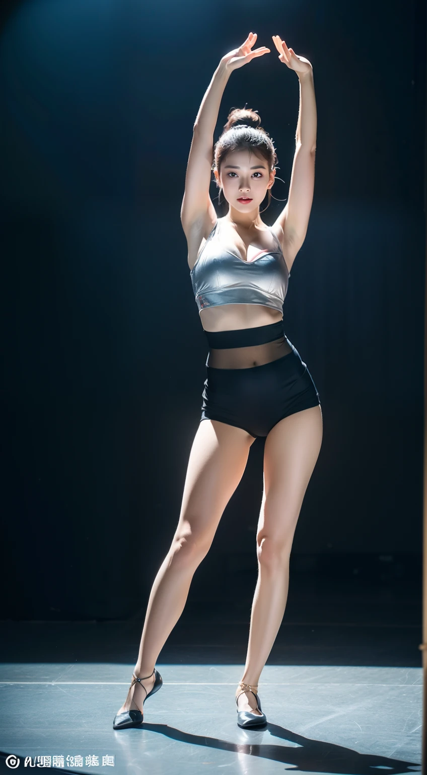 (8K分辨率,Full-body photos),(1womanl,age 22,((rosto magro,Flushed face,delicated face,详细的脸),Slightly squinted eyes,Seductive smile,(Single ponytail,Long hair micro-curls)),Fair smooth skin,(Best Skin Type:1.21),busty figure,((Modern dance set,(Light and breathable,Faint camel toes,The shape is prominent),Flat dancing shoes),Tall and tall,(tempting pose,Naturally placed hands),delicate artwork,perfect hand,Ultra-fine clothing material),(Dance studio,Deep view,Exquisite setup details),(Professional lighting,Artistic lighting),((Noble sexy,silver grey,white colors))),(Golden section,Cinema lenses,Hasselblad photograp,tmasterpiece:1.3),(Training routine,fashion art,Official propaganda,Art platform)