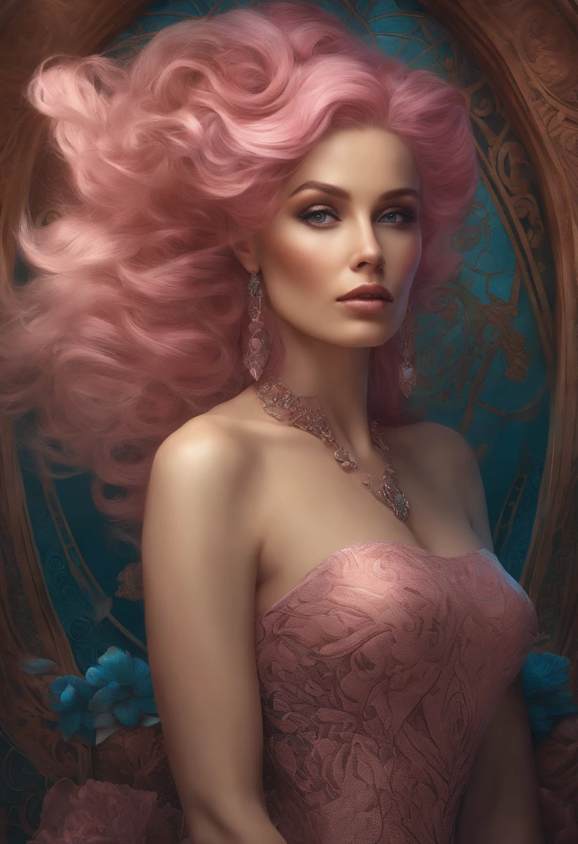 tattooed Teddi Mansueto, full body length standing of a photorealistic beautiful woman, proportionate, intense coloration fantasy, light hair, a stunning realistic photograph 20 years , bubblegum pink colored hair, upper class fashion, random color eyes, full body, cover, dress design has fractal and tiling features, hyperdetailed painting, luminism, octane render, Bar lighting, complex, {{Martin Ansin}}, 8k resolution concept art portrait by Martina Fačková and Prywinko Art, Artgerm, WLOP, Alphonse Mucha, little fusion pojatti realistic steampunk, fractal isometrics details bioluminescence : hypereallistic cover photo awesome full color, hand drawn, dark, gritty, realistic mucha, klimt, davinci, erte .12k, intricate. hit definition , cinematic,Rough sketch, mix of bold dark lines and loose lines, bold lines, on paper , real life human, bold colors on dresses,