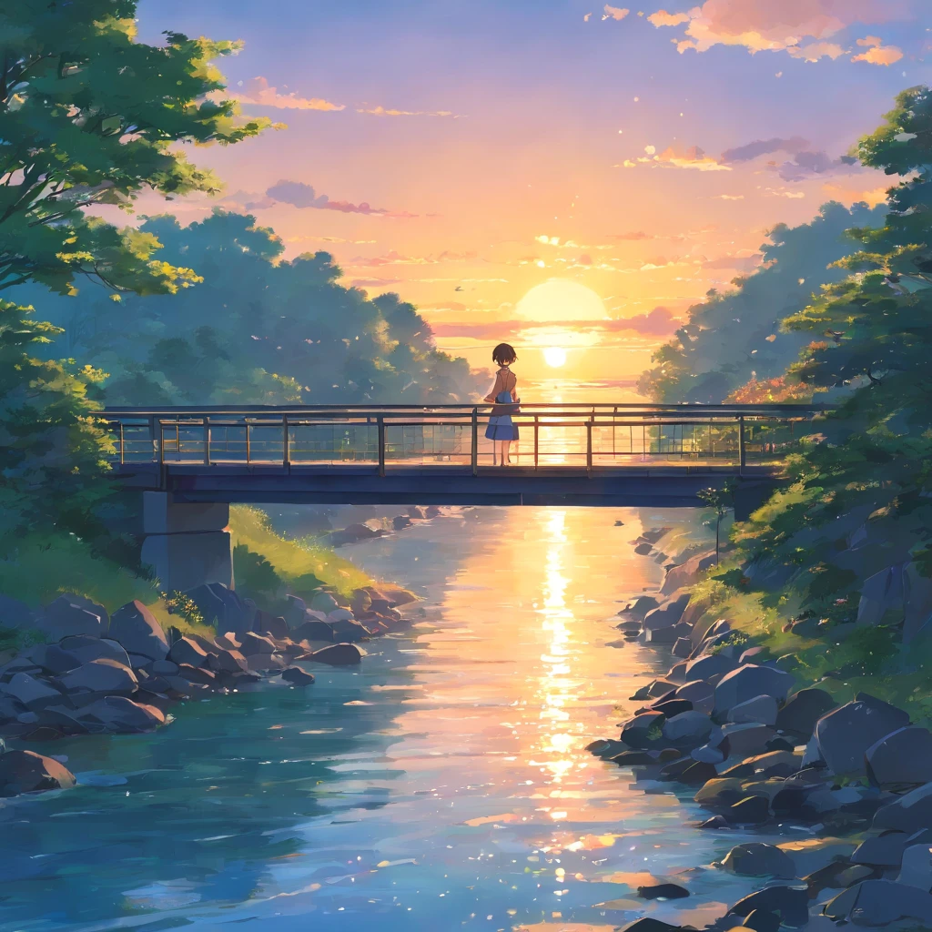 tmasterpiece，best qualtiy，small bridges，flowingwater，the sunset，（spark of light：0.7）