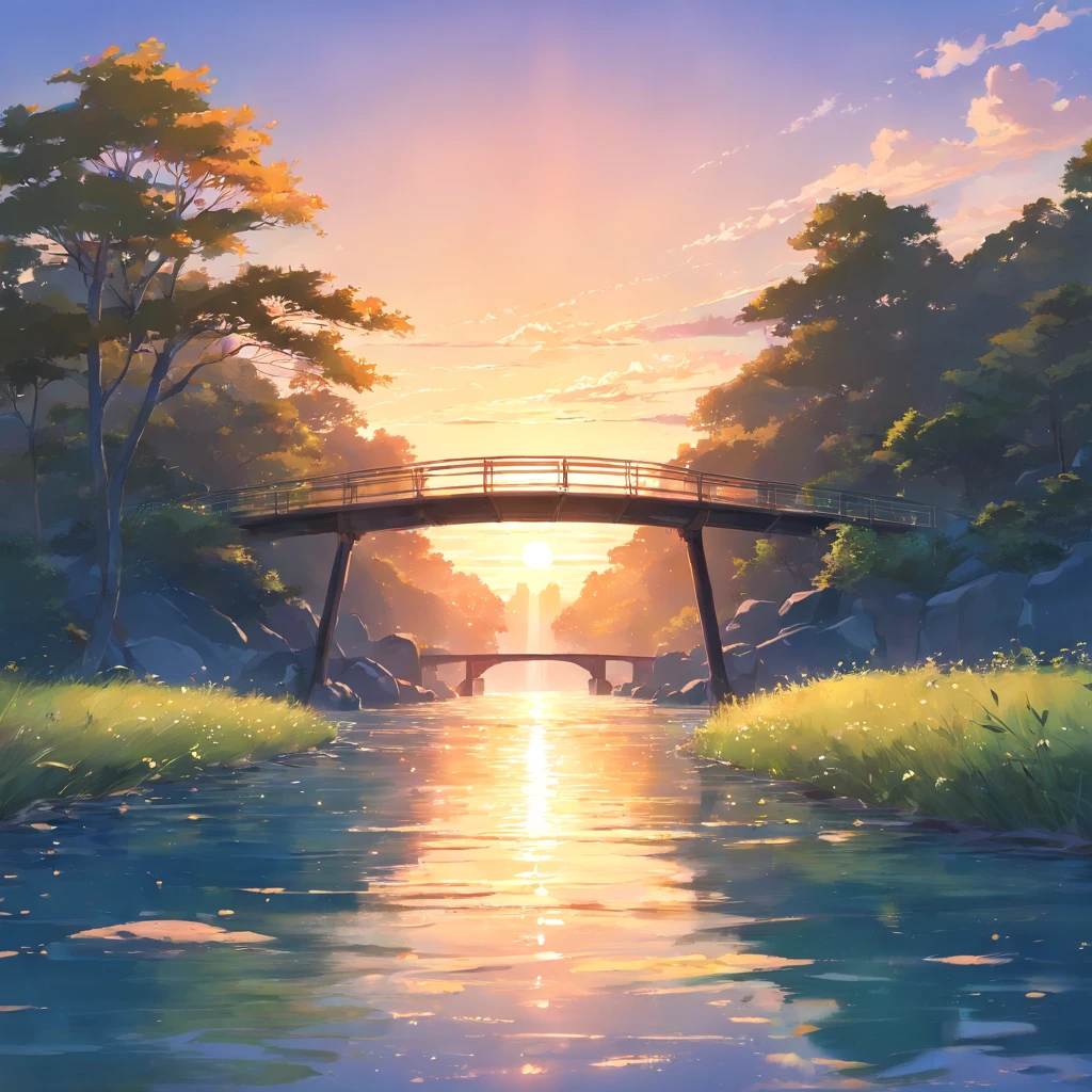 tmasterpiece,best qualtiy,small bridges,flowingwater,the sunset,(spark of light:0.7)