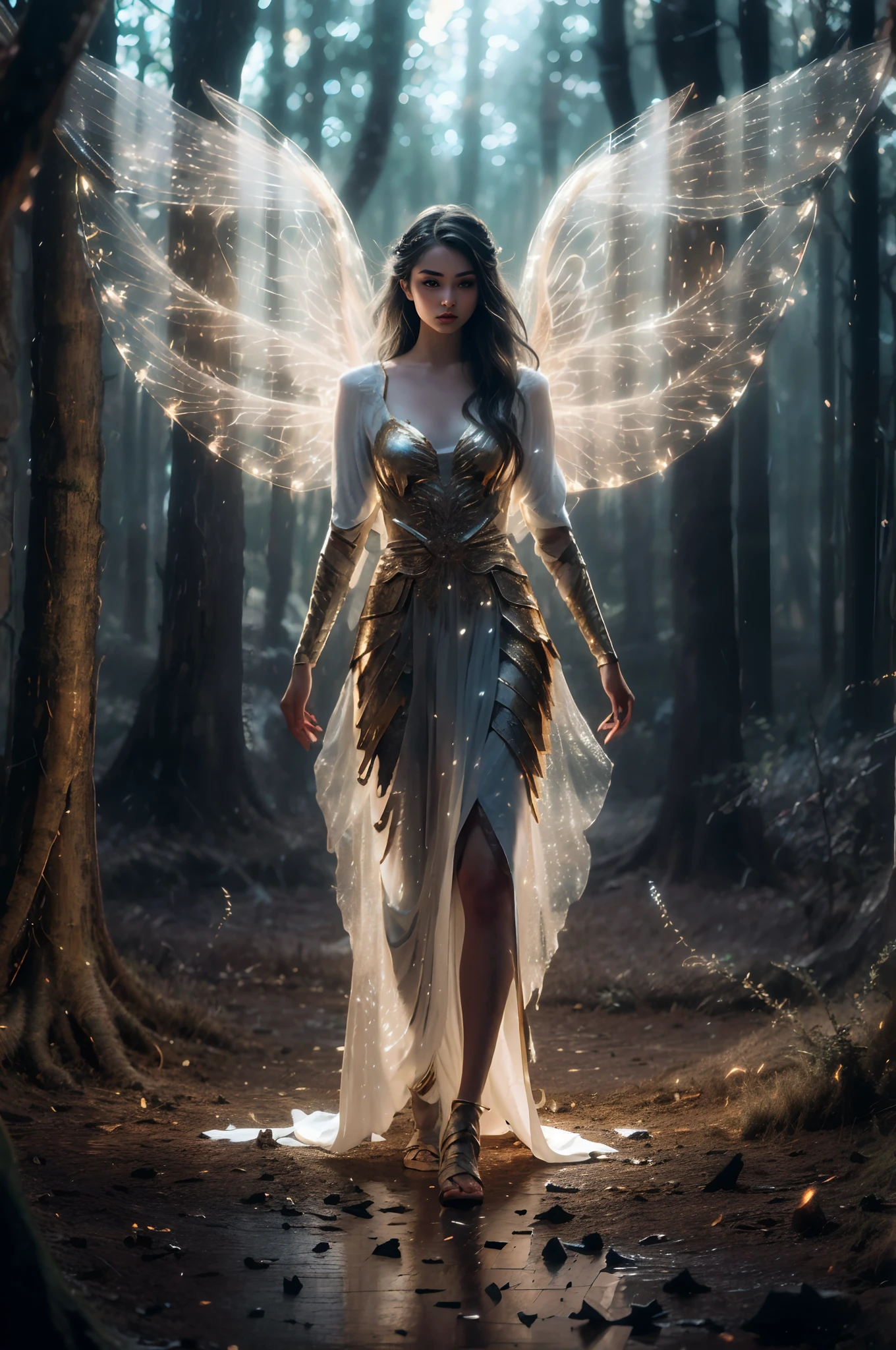 a woman in a fairy costume standing in a forest with fairy lights, ethereal wings, wings made of light, fantasy gorgeous lighting, glowing angelic being, ethereal angelic being of light, full - body majestic angel, a stunning young ethereal figure, epic angel wings, beautiful female angel, as a mystical valkyrie, beautiful angel, ethereal beauty, dramatic lighting fantasy, ethereal fantasy