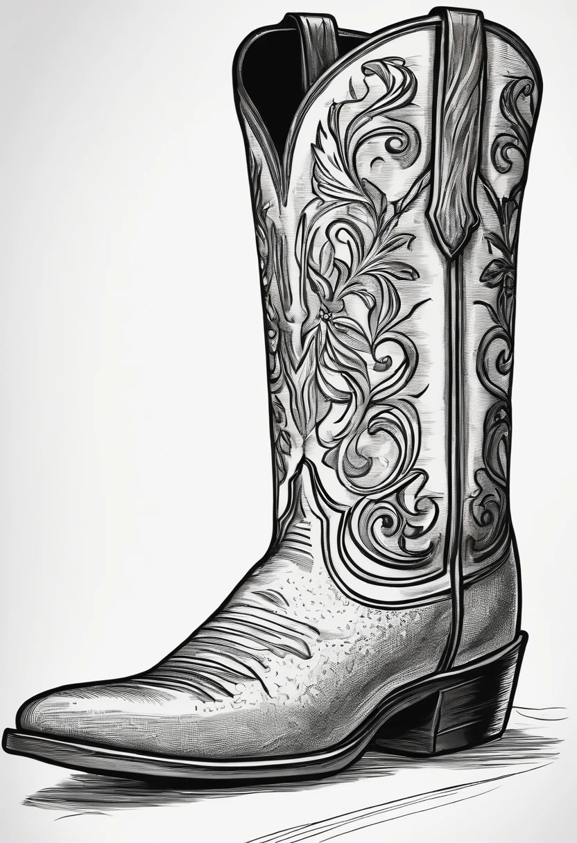 A cowboy boot，black outlines，Sketch drawing。