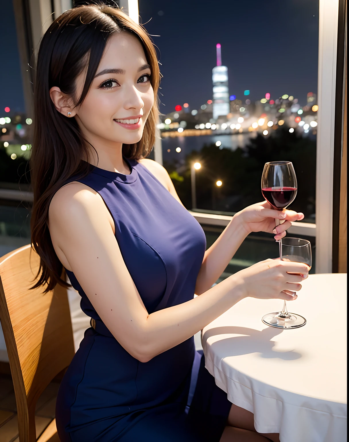 (64K, UHD, top quality, masterpiece: 1.2), (realistic, photorealistic: 1.37), super detailed, pretty woman 1 person, (slim face), (slim body), (brown hair), (short cut), cheeks slightly blushing, (44 years old), 38 years old, solo, beautiful detailed urban night view outside the window, restaurant, wine glasses sit, at night, in a prominent placeNovaFrogStyle, Actress, Model, Waist Up, White Wine, Slim, Wine Glass, Super Clean Night View, Wine Glass Put in the Middle, Happy Smile, (Smile: 1.15), Beautiful Fine Eyes, Upper Body, Bust Japan Up, Night, Short, Short, Actress, Model, Waist Up, White Wine, Slim, Wine Glass, Super Clean Night View, Wine Glass Put in the Middle, Happy Smile,