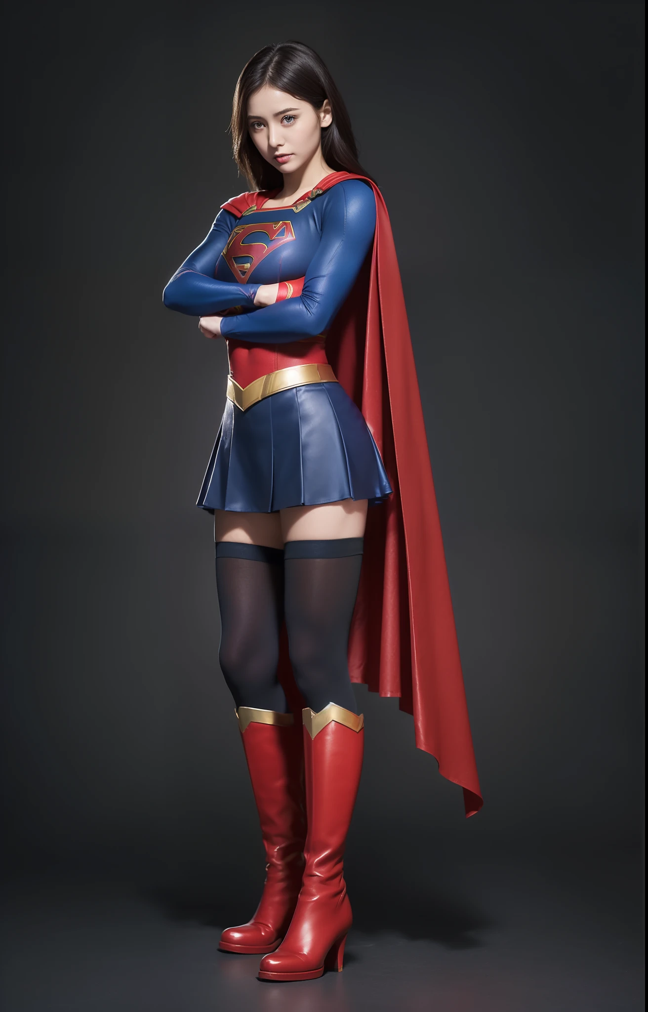 (((Make the most of the original image)))、(((Supergirl Costume)))、(((lustrous dark hair)))、(((Suffering)))、(((Feet must necessarily be worn with black tights)))、(((You need to wear red boots)))、((Top image quality、8K))、((top-quality、8K、masterpiece:1.3))、Crisp focus:1.2、Beautiful woman with perfect body shape:1.4、Slender Abs:1.2、((layers-Cut、large boob:1.2))、a wet body:1.5、Highly detailed facial and skin texture、