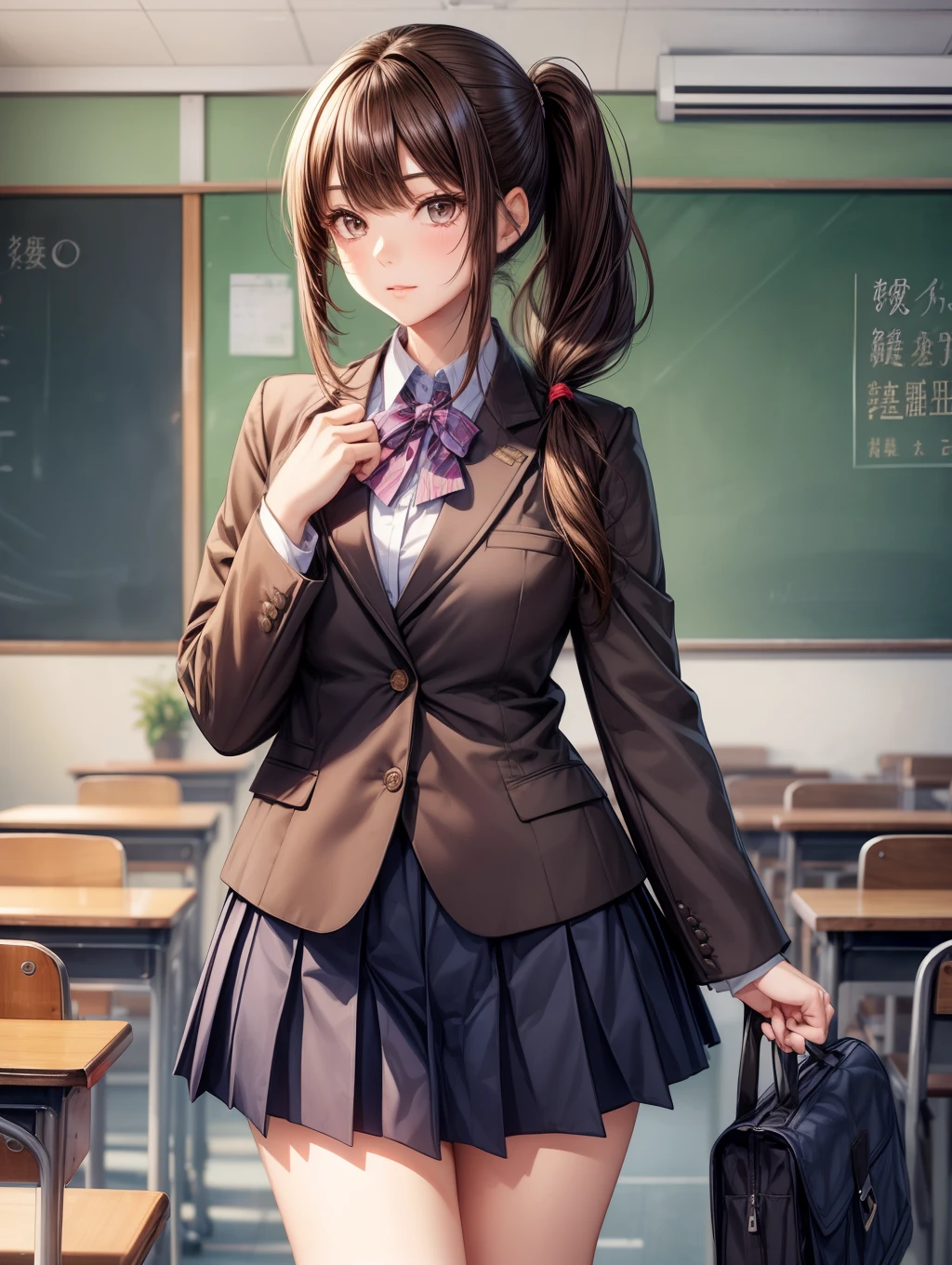Best Quality, masutepiece, beautiful mature women、Beautiful face、Strong-minded woman、Blazer Uniform、Dark blue skirt、brown haired、(((poneyTail)))、Brown-eyed、Longhaire、Undersized eyes、Full body like、Classroom、School bag、Piece It Piece