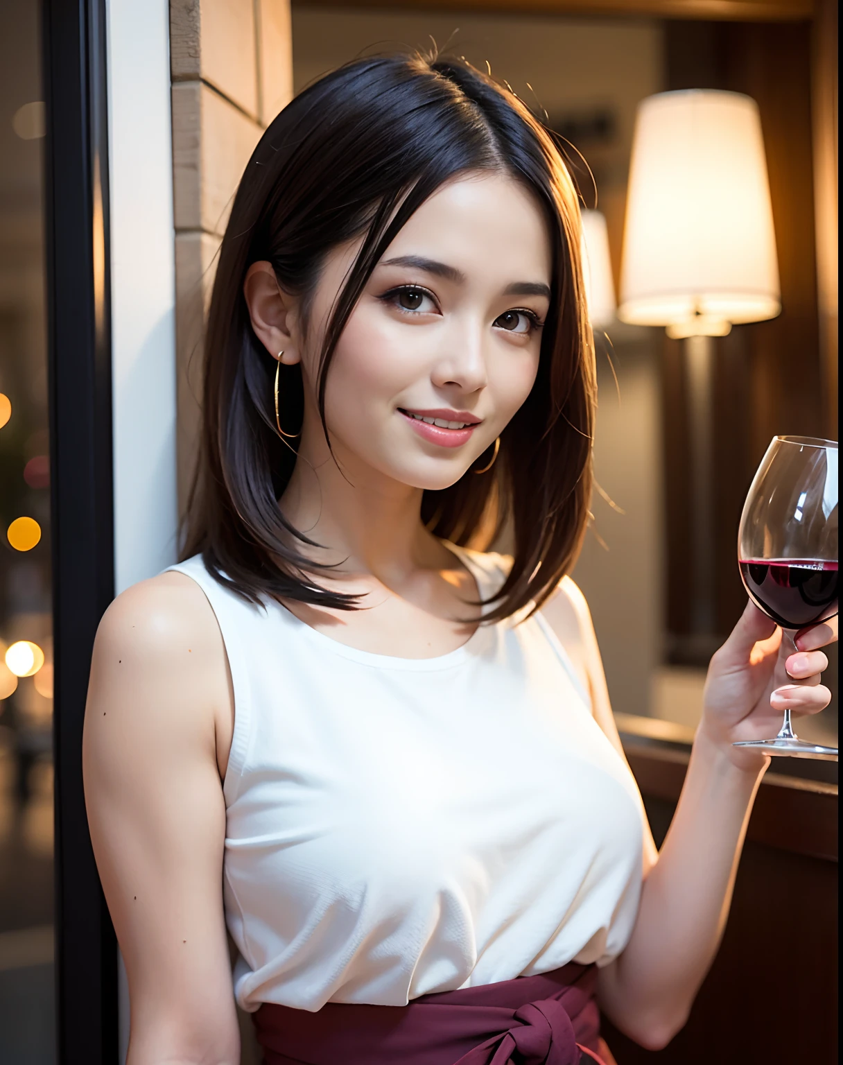 (64K, UHD, top quality, masterpiece: 1.2), (realistic, photorealistic: 1.37), super detailed, pretty woman 1 person, (slim face), (slim body), (brown hair), (short cut), cheeks slightly blushing, (44 years old), 38 years old, solo, beautiful detailed urban night view outside the window, restaurant, wine glasses sit, at night, in a prominent placeNovaFrogStyle, Actress, Model, Waist Up, White Wine, Slim, Wine Glass, Super Clean Night View, Wine Glass Put in the Middle, Happy Smile, (Smile: 1.15), Beautiful Fine Eyes, Upper Body, Bust Japan Up, Night, Short, Short, Actress, Model, Waist Up, White Wine, Slim, Wine Glass, Super Clean Night View, Wine Glass Put in the Middle, Happy Smile,