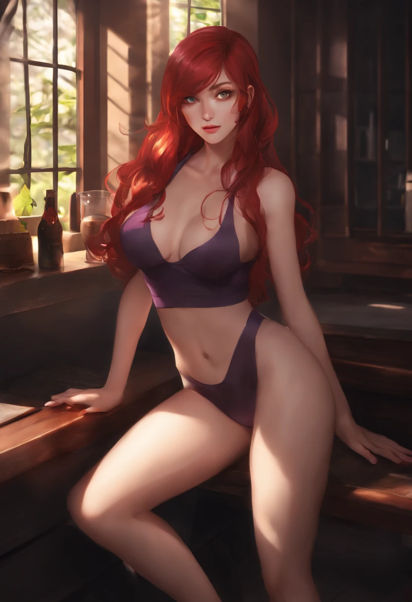 4k, 8k, masterpiece, best quality, full body, 1girl, looking at viewer, red hair, medium hair, purple eyes, anime girl, black bikini, indoors, dimly lit, the age of the actress is 18 years old, open bust, big breasts, squat position