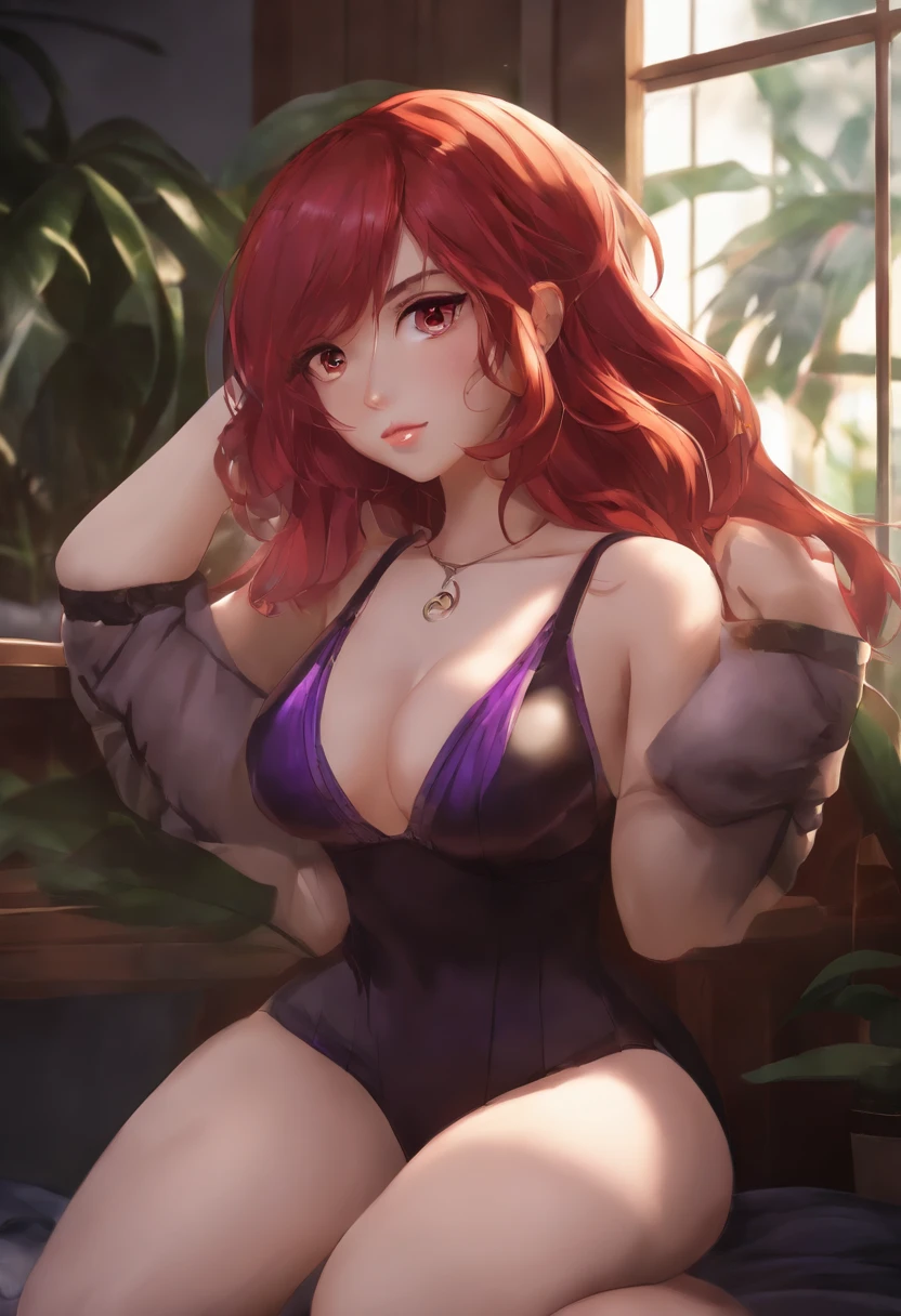 4k, 8k, masterpiece, best quality, full body, 1girl, looking at viewer, red hair, medium hair, purple eyes, anime girl, black bikini, indoors, dimly lit, the age of the actress is 18 years old, open bust, big breasts, squat position