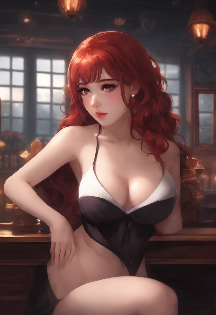 4k, 8k, masterpiece, best quality, full body, 1girl, looking at viewer, red hair, medium hair, purple eyes, anime girl, black bikini, indoors, dimly lit, the age of the actress is 18 years old, open bust, big breasts, squat position