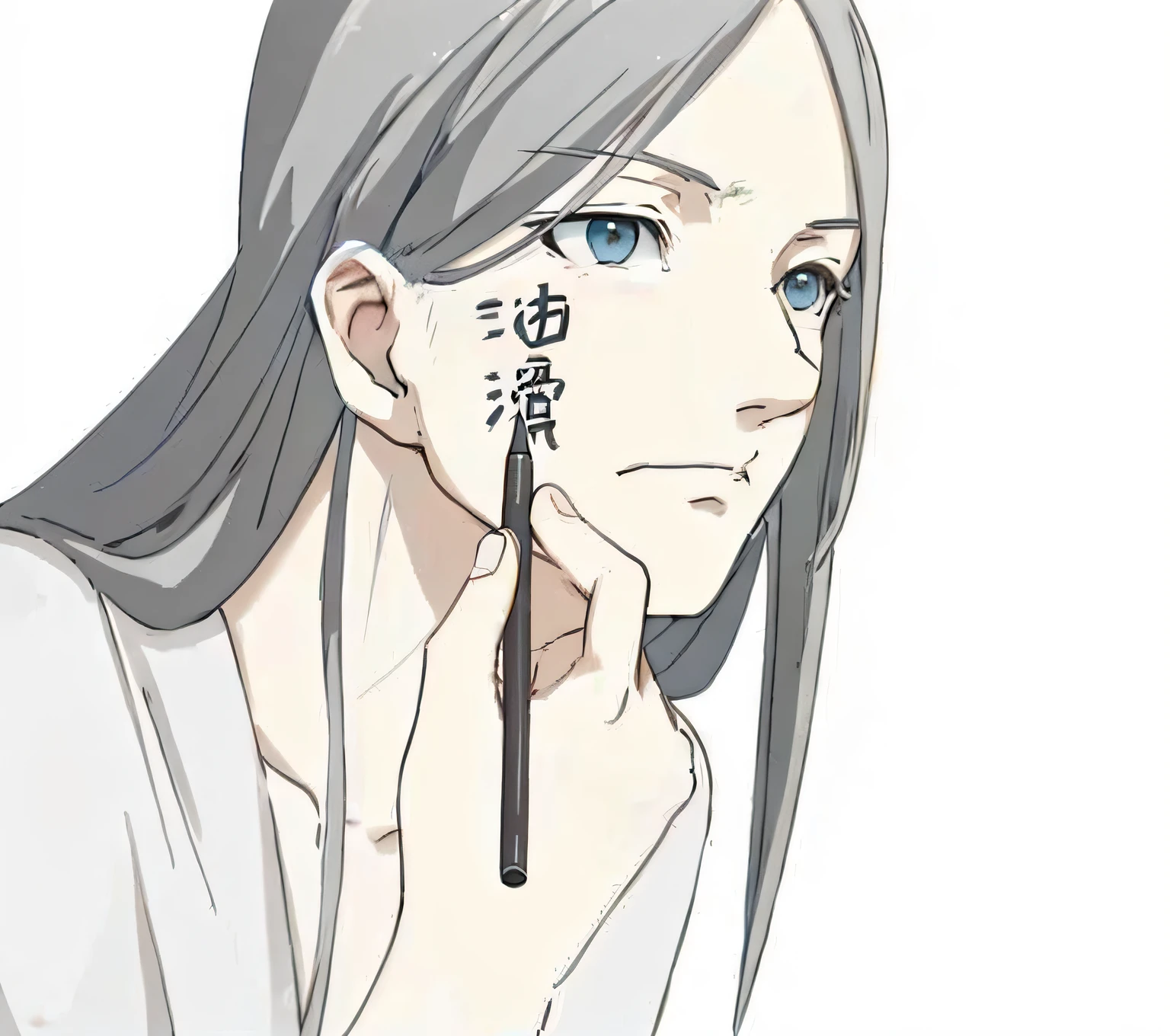 Anime girl with long gray hair and blue eyes holding a pen, the piercing stare of yuki onna, as an anime character, shuushuu anime image, natsume yuujinchou, sakura haruno, anime figure, Perfect anime face, shiro takatani, anime shading), male anime character, ozabu, akiyuki shinbo, white-haired god