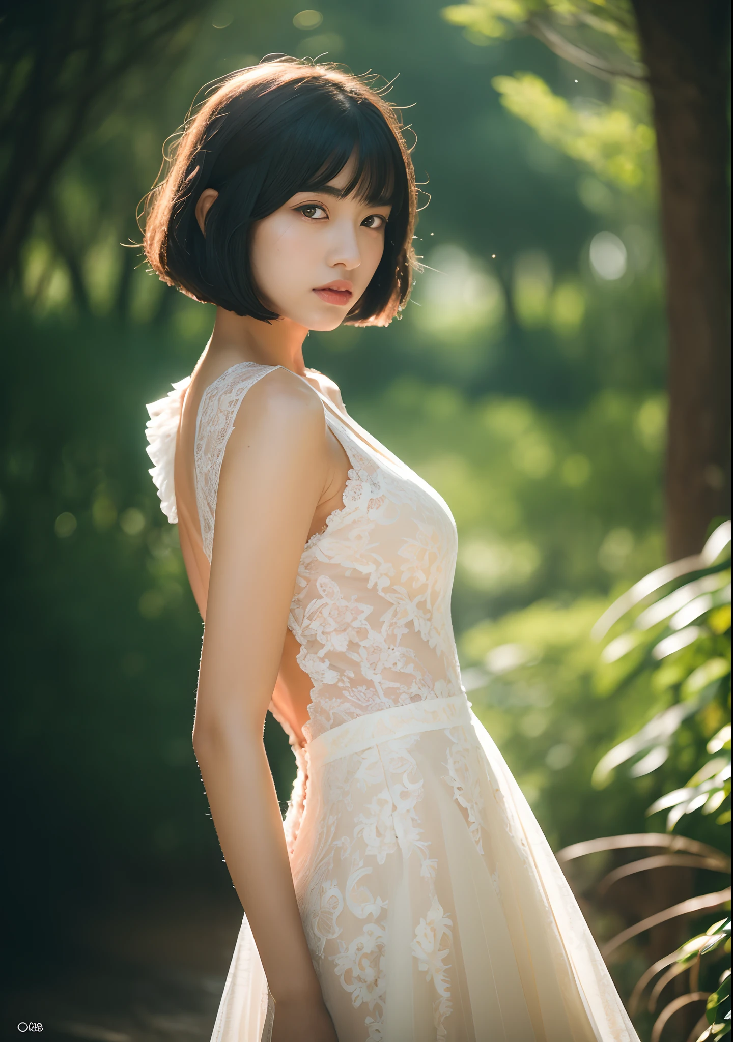 ((highest quality, 8k, masterpiece: 1.3)), woman (full-body portrait, wearing a white lace and frill wedding dress, hanging a veil with lace on her head, holding a small bouquet of flowers, back figure, looking back, small butt ), outdoor, outside chapel, out of focus background dots, overhead camera, sharp focus: 1.2, cute woman: 1.4, ((black hair , bob cut)), highly detailed face, skin and hair texture, wet Hair texture, wet body, detailed eyes, double eyelids, fair skin, beautiful legs, beautiful nose delicate, cute young Asian woman, 22 years old, (((full body ))), from a dynamic perspective, highlighted with deep tones and contrasting combination of light and shadow, copper The time exudes melancholy emotions, while emphasizing the subject's hair, eyes, mouth, and actions. The composition is eye-pleasing and thought-provoking.