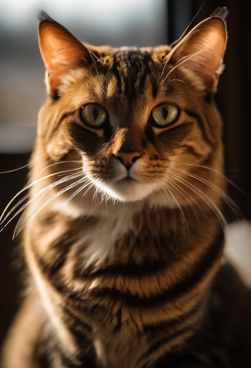 Capture a chic and fat pheasant cat、Produces ultra-high-definition images, Classic Cat Pose. Use of advanced macro photography techniques、Emphasizes the intricate details of the cat's coat, mustaches, And expressive eyes. Place the camera at the cat's eye level, Create an intimate connection between the viewer and the cat subject. Implement a wide aperture for a shallow depth of field, Makes the cat stand out clearly against a gently blurred background. Improve lighting to emphasize the texture and contours of the cat's body, Use of Software, Remove hard shadows with diffused lighting、Software Creation, cosy atmosphere. Catch a cat in a relaxed and balanced posture, Show its flexibility and elegance. Experiments to capture the moment of movement of nature, Stretching, Grooming, etc., To convey a sense of authenticity. Implement post-processing techniques to improve image clarity, Contrasty, and color balance, Ensure every aspect, From the intricate patterns of cats to their intense gazes, Rendered in stunning detail. It is the last, convey the gentle beauty and innate grace of cats,,, Capture fleeting moments celebrating the unique essence of a cat's curiosity and calmness.